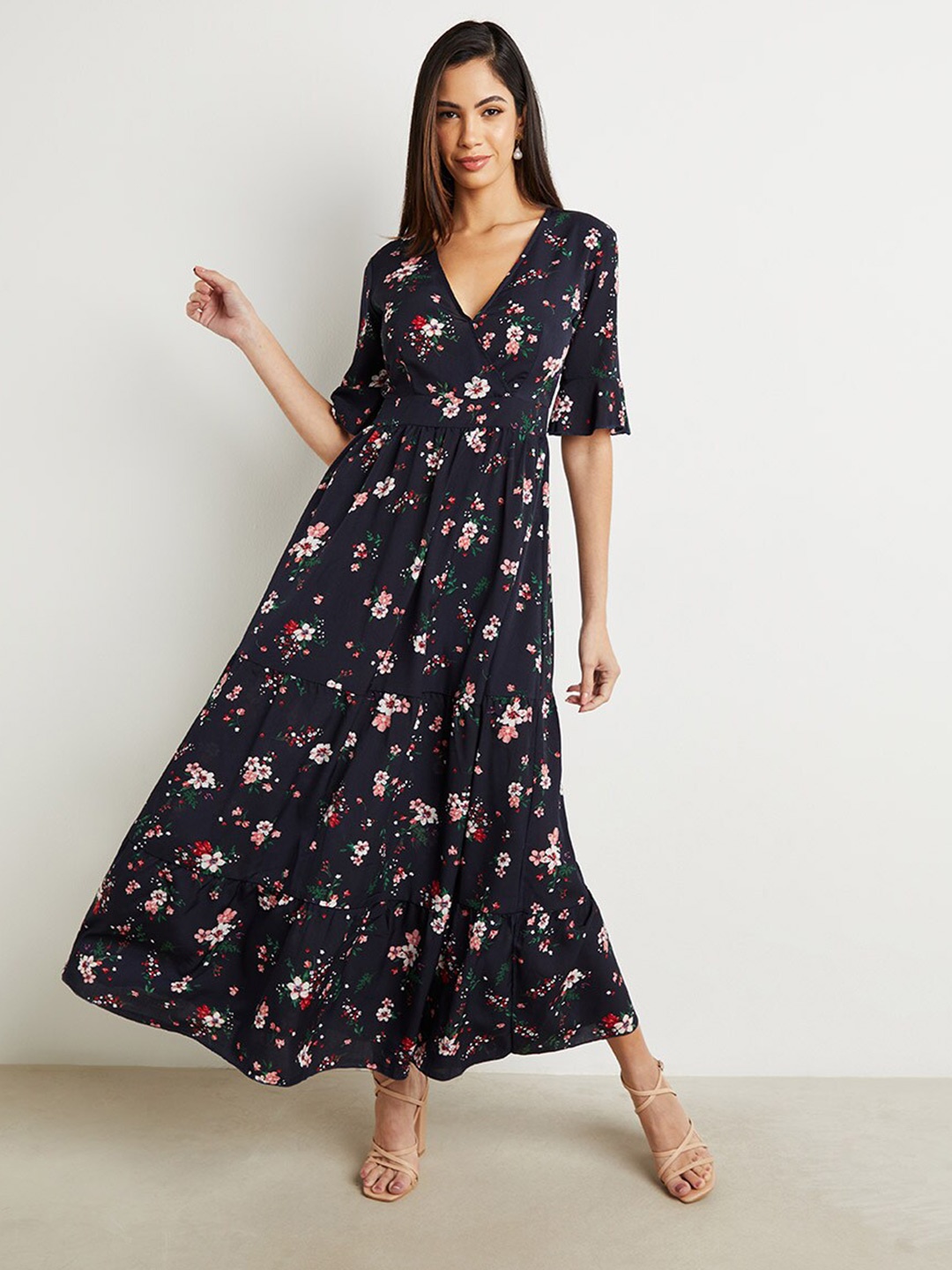 

Styli Navy Blue Floral Print A-Line Maxi Dress