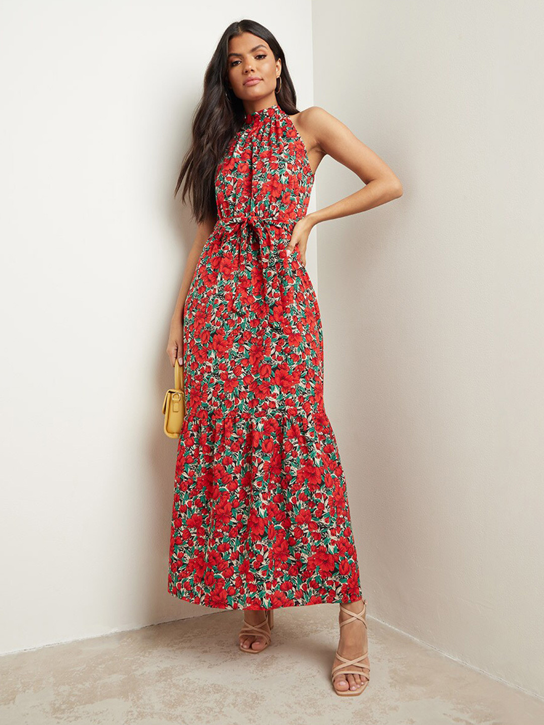

Styli Red Floral Printed Halter Neck A-Line Maxi Dress with Belt