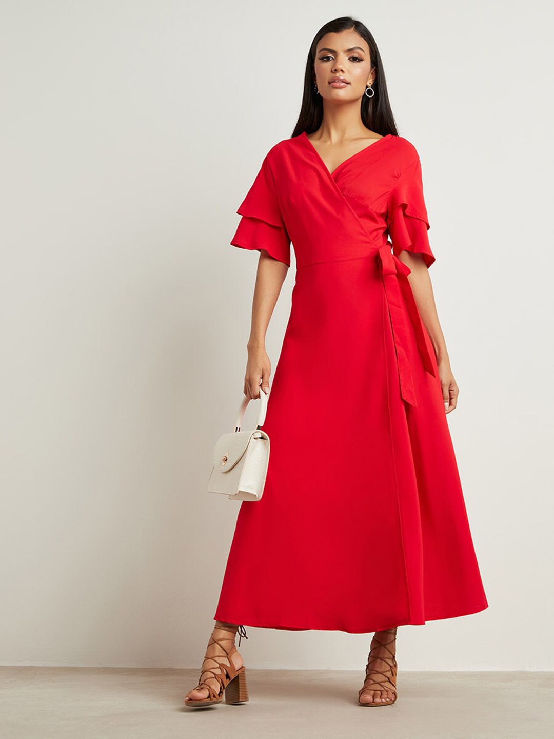 

Styli Red Solid Double Frill Sleeves Wrap Around Maxi Dress