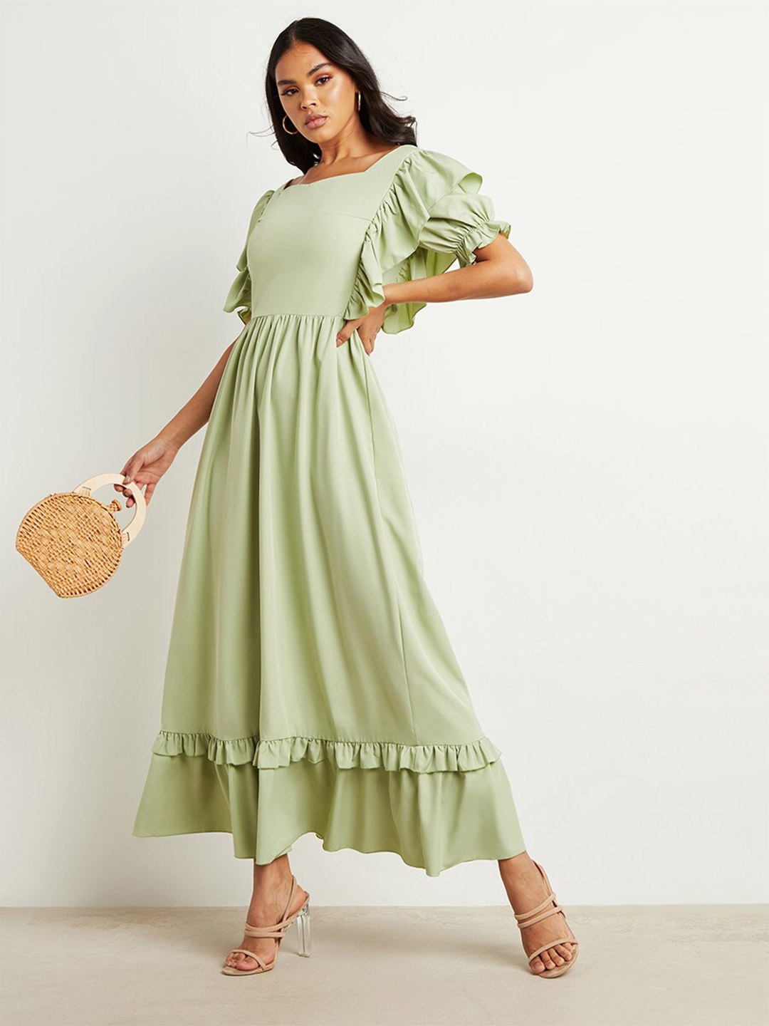 

Styli Green Ruffled Panel A-Line Maxi Dress