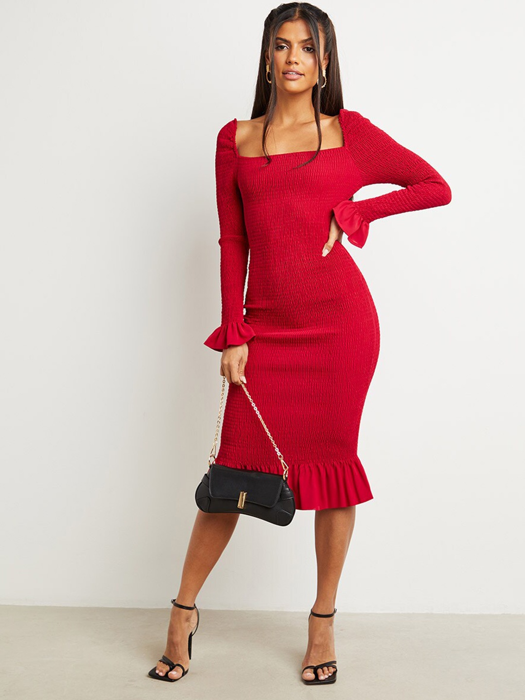 

Styli Square Neck Shirred Bodycon Midi Dress, Burgundy