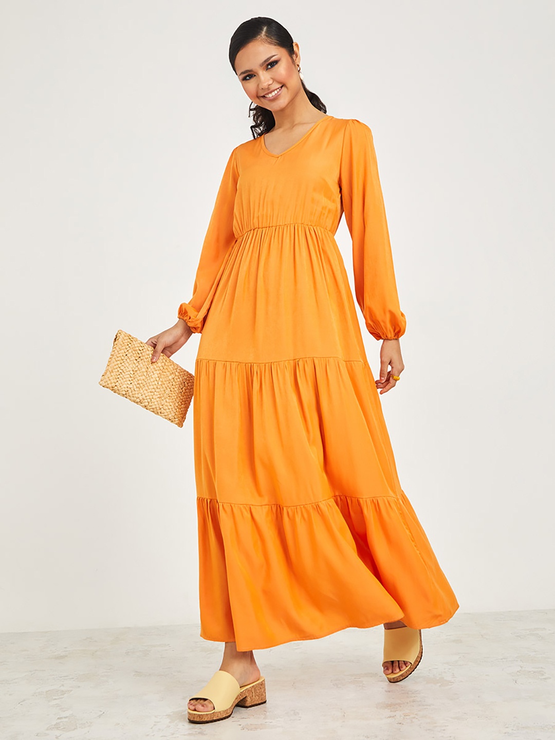 

Styli V-Neck Tiered Maxi Dress, Beige