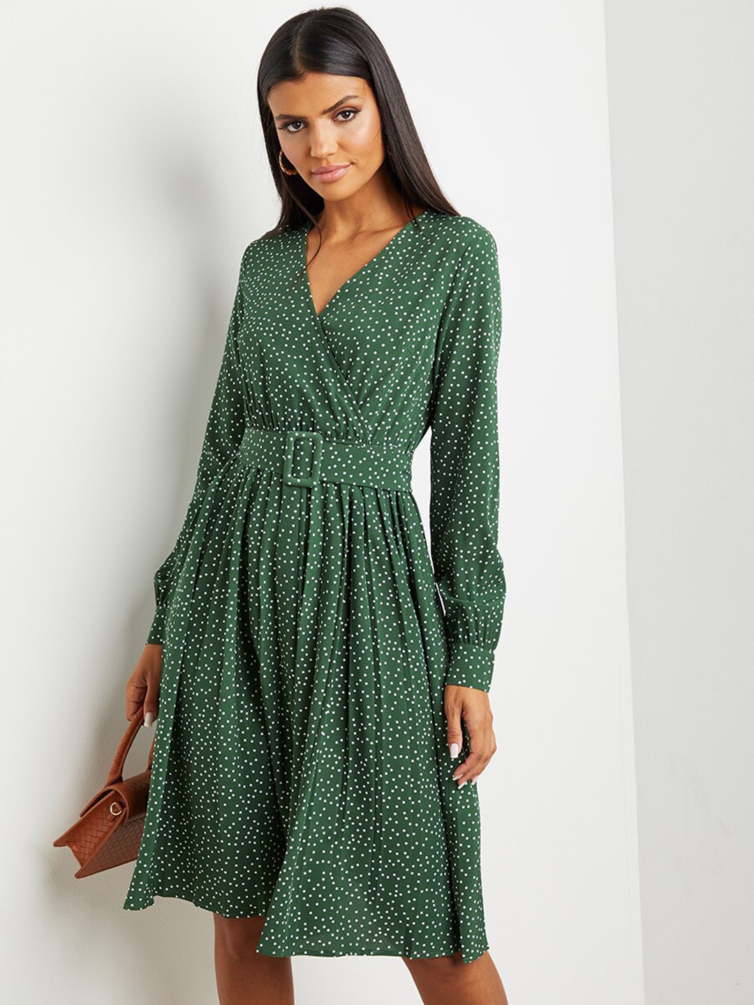 

Styli Polka Dot Printed V-Neck Midi Dress with Belt, Green