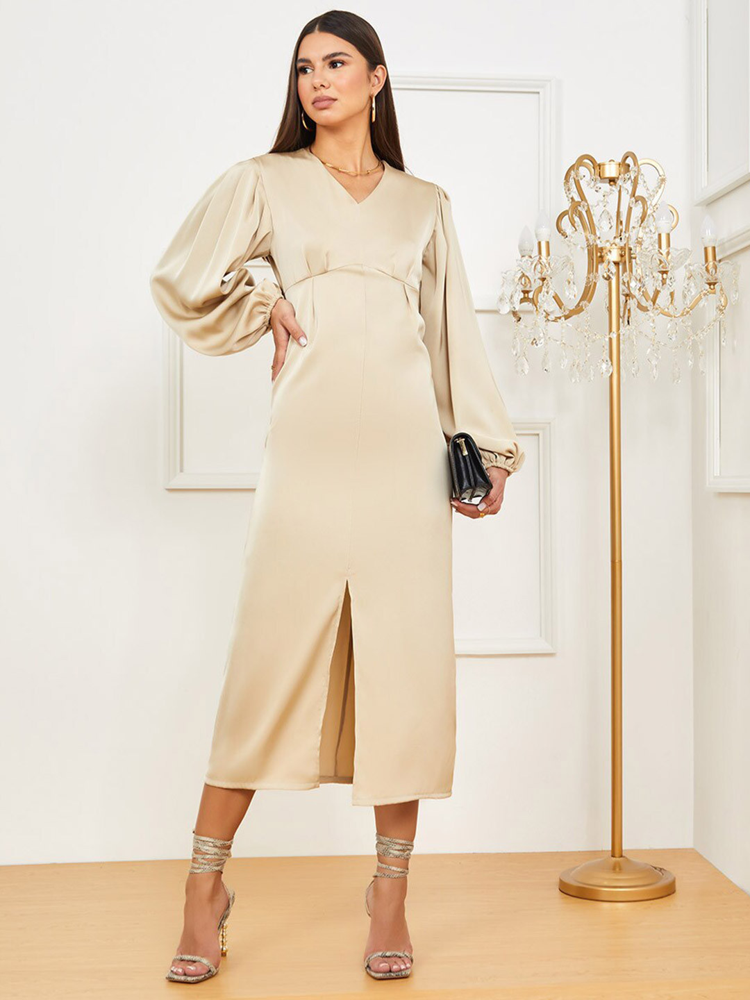 

Styli Beige A-Line Midi Dress