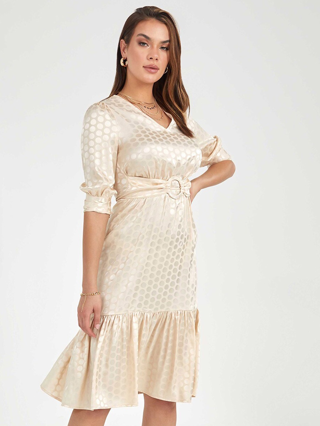 

Styli Beige 3/4 Sleeves V Neck Polka Dot Tiered Midi Dress