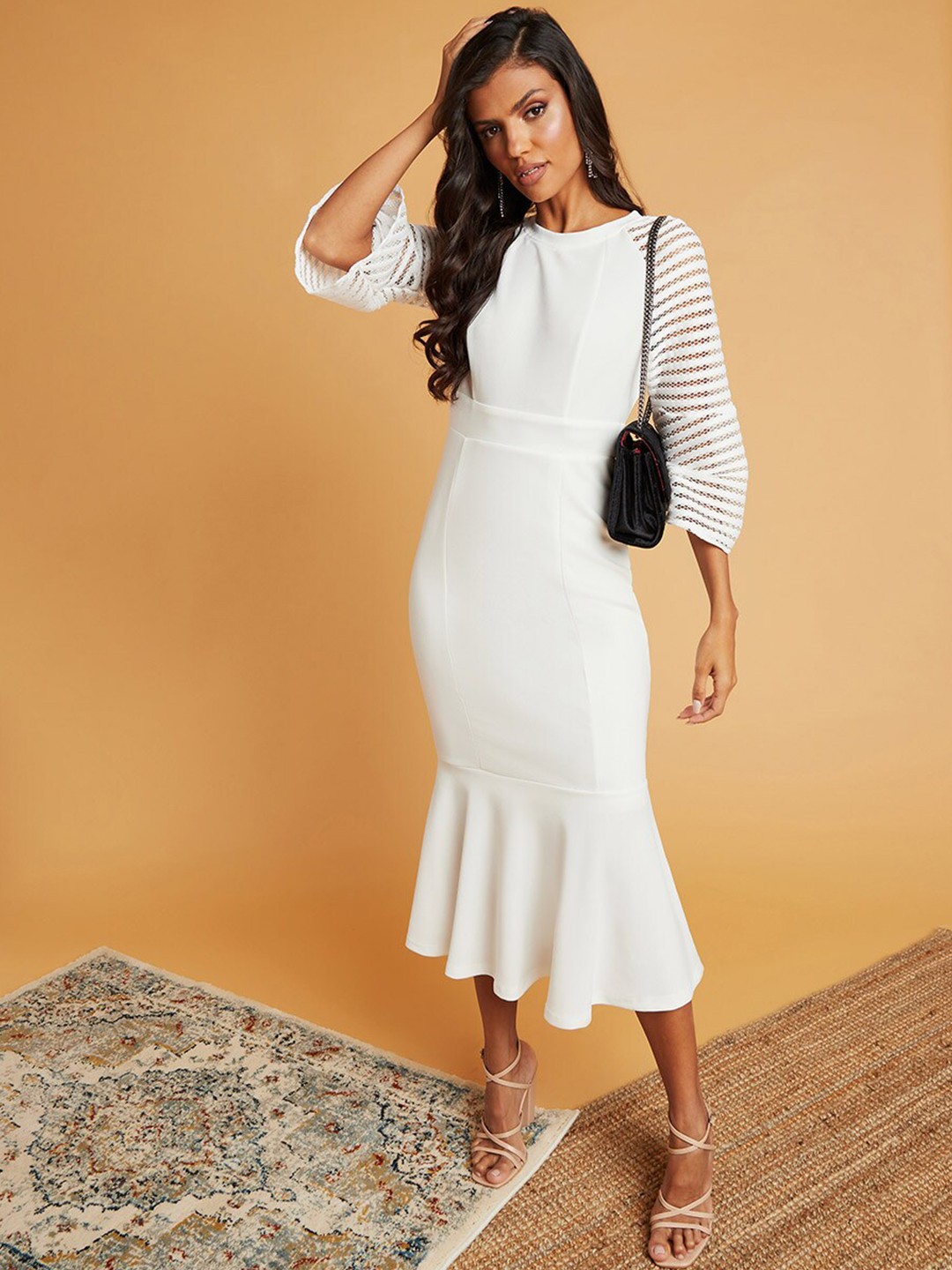 

Styli Lace Cut-Out Sleeve Bodycon Midi Dress, White