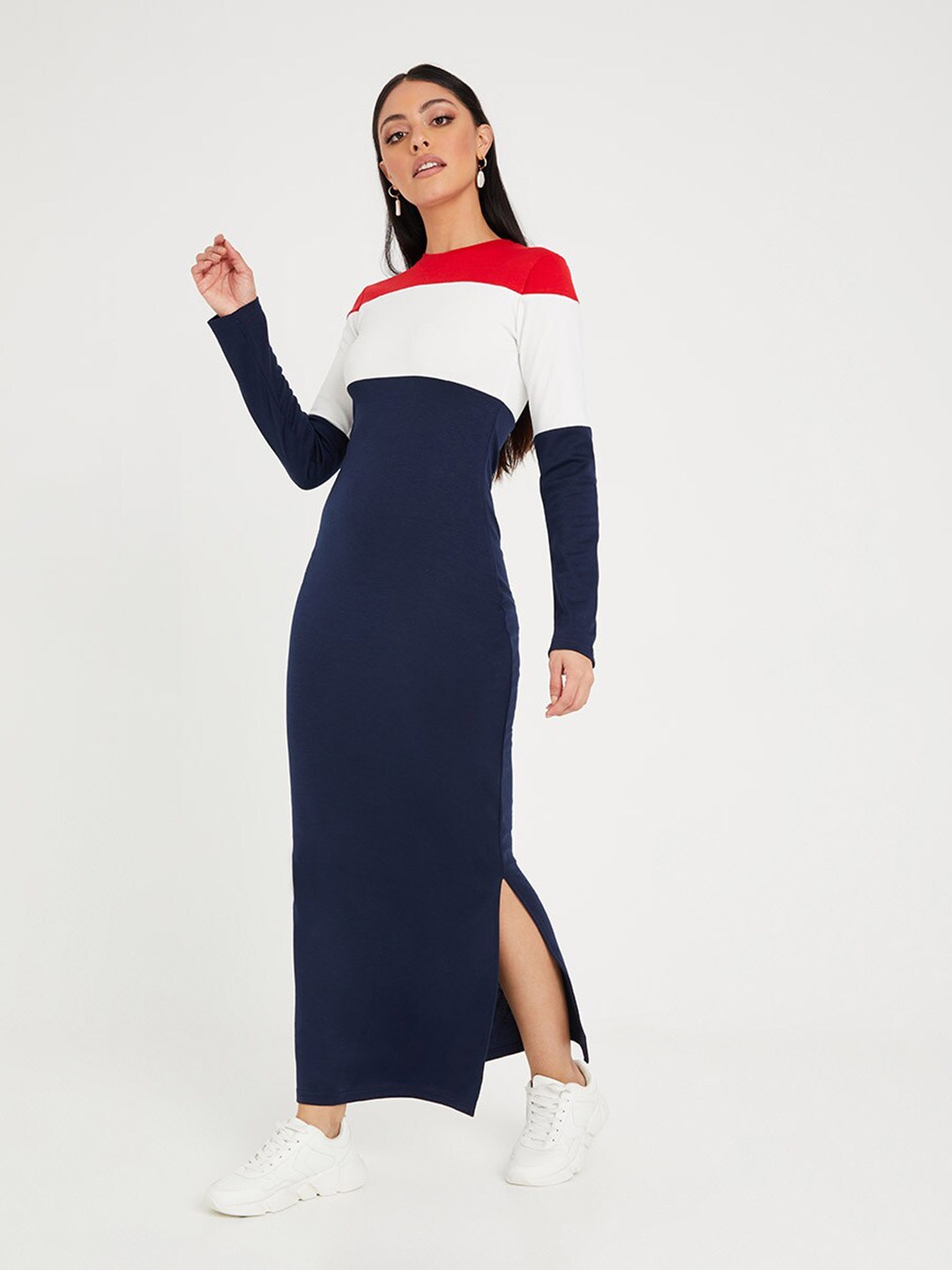 

Styli Navy Blue Long Sleeves High Neck Colorblock Maxi Dress with Side Slit