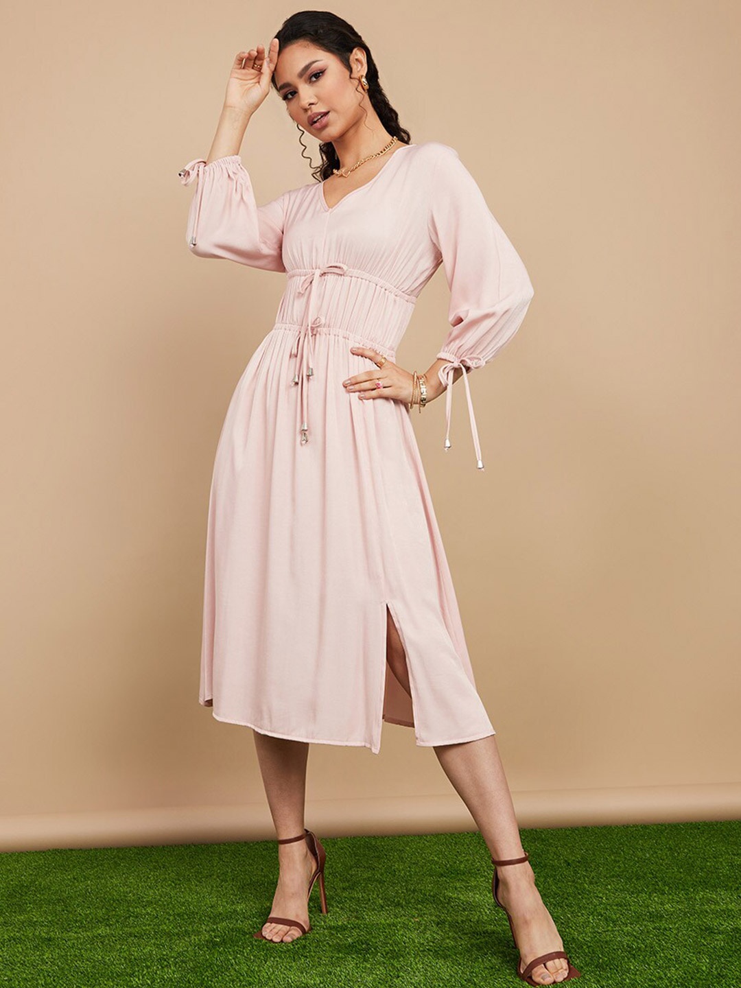 

Styli Pink Tie Cuff Sleeves Ruched Front Detail A-Line Midi Dress