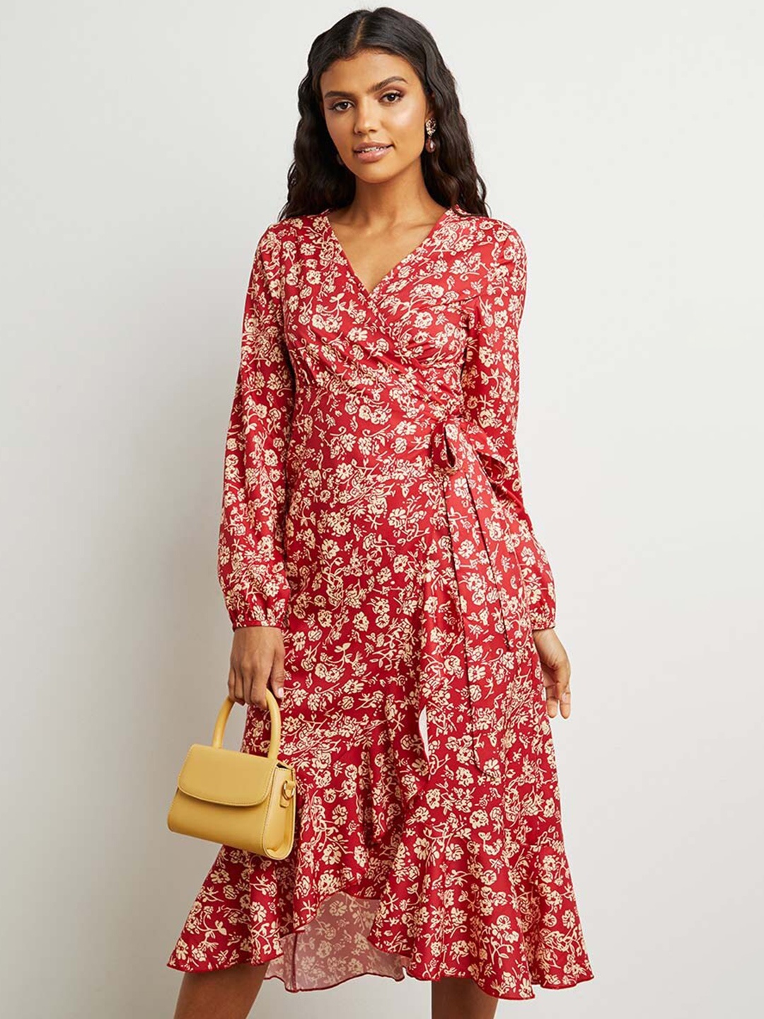 

Styli Women Floral Print Wrap Midi Dress, Rust
