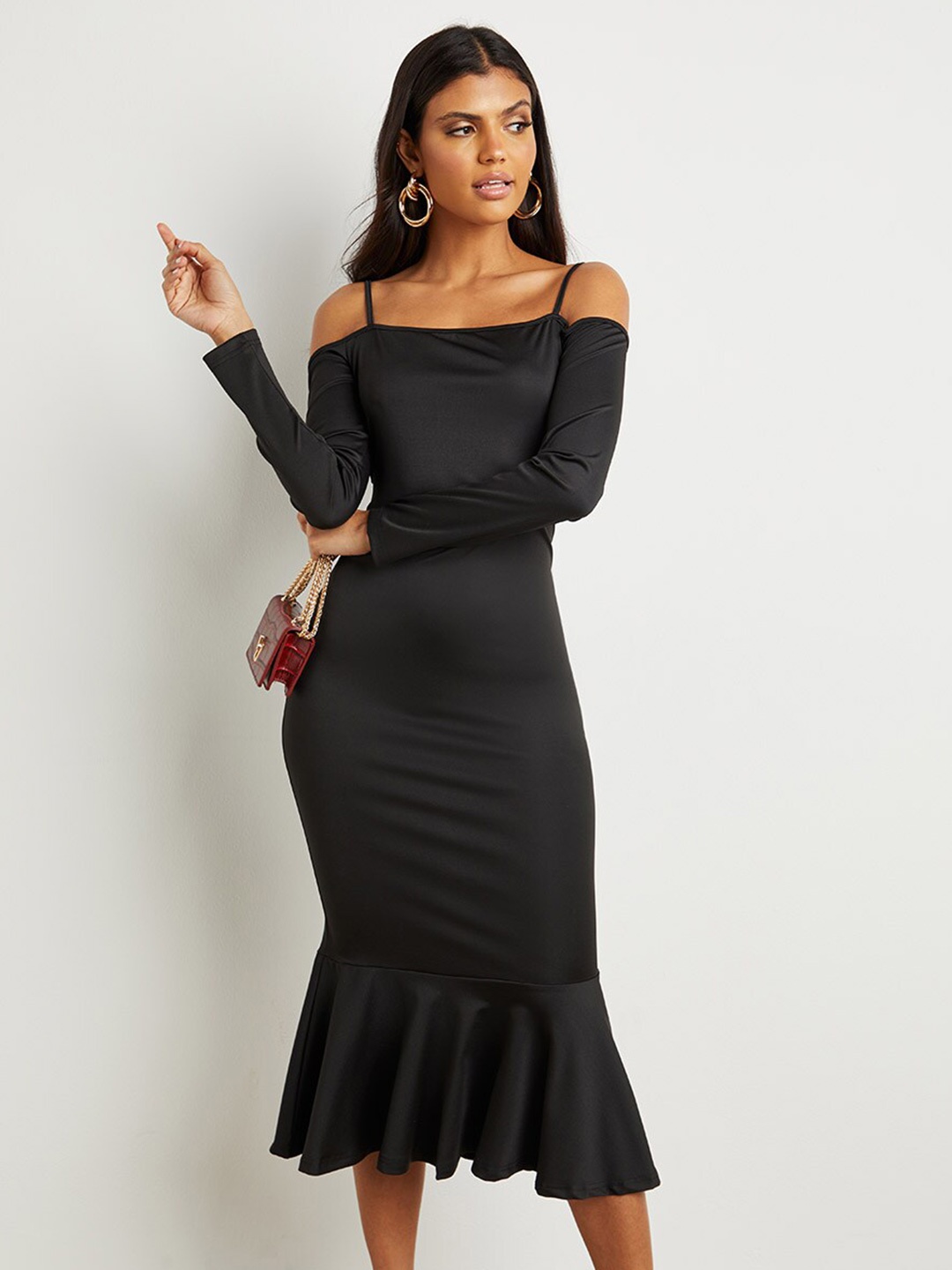 

Styli Cold-Shoulder Bodycon Midi Dress with Frill Hem, Black