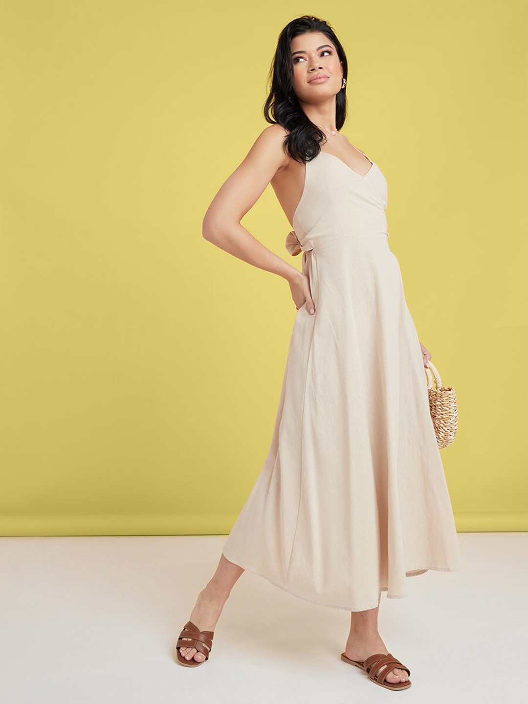 

Styli Beige Strappy Crossback A-Line Maxi Dress with Tie Back