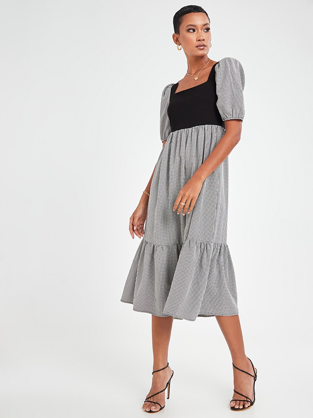 

Styli Black Puff Sleeves Gingham Check Square Neck Tiered Midi Dress