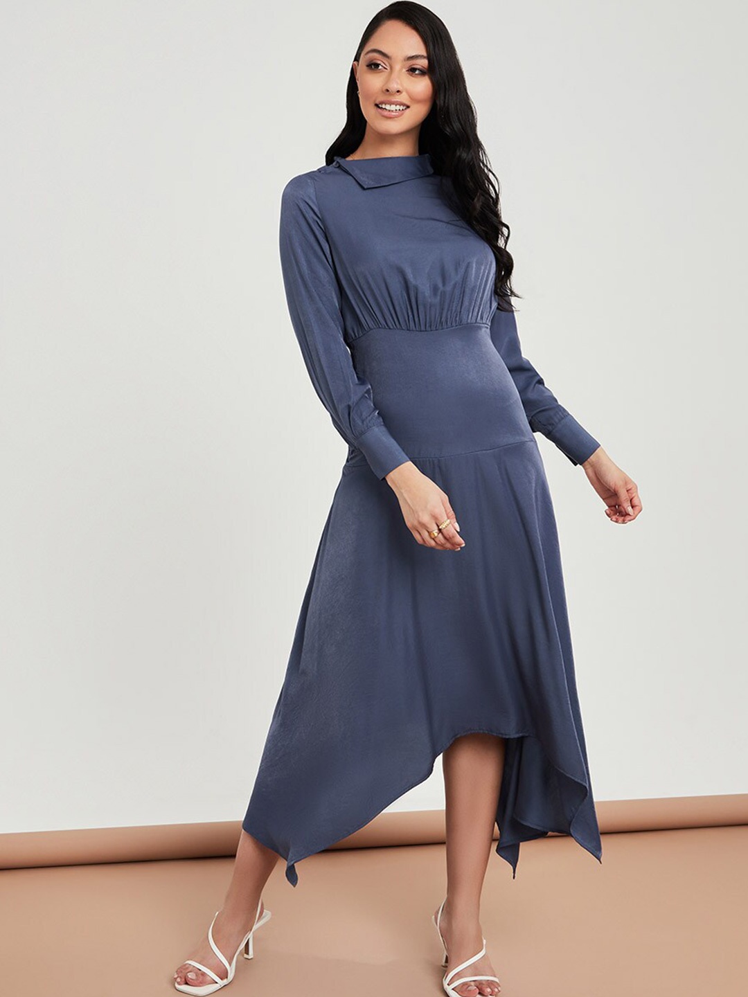 

Styli Blue Asymmetric Hem Detail A-Line Midi Dress with Side Collar