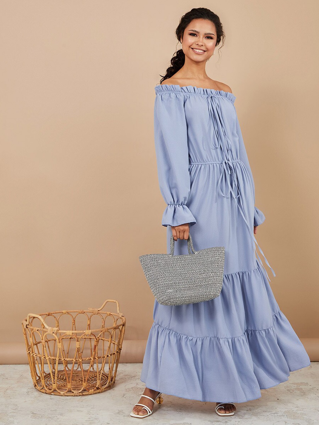 

Styli Blue Off Shoulder Tiered Maxi Dress