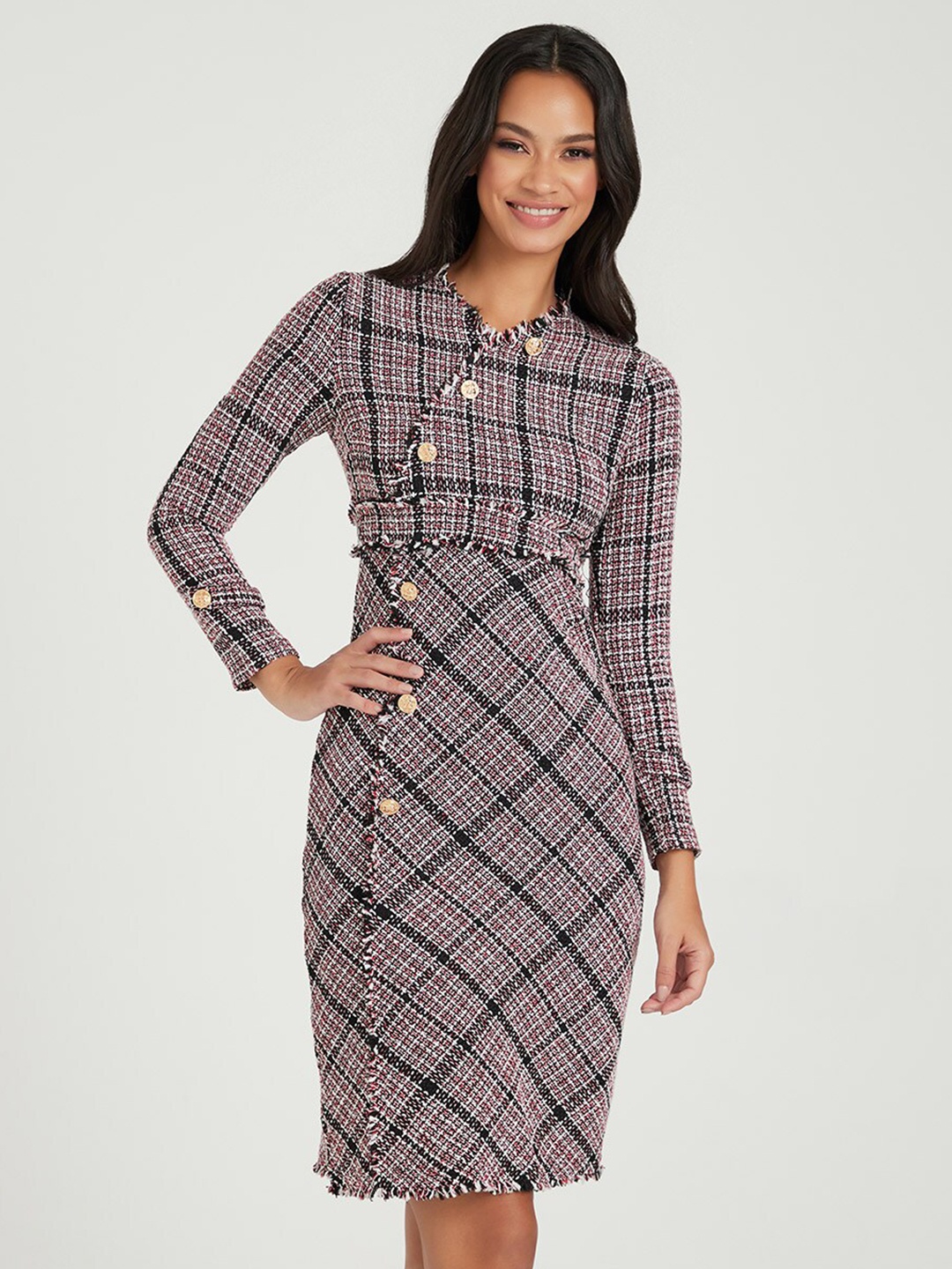 

Styli Multicoloured Long Sleeves Tweed A-Line Bodycon Midi Dress, Multi