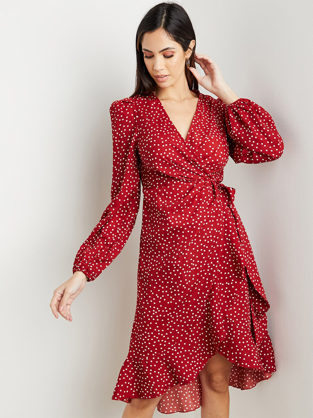 

Styli Women Polka Dot Print Wrap Midi Dress with Waist Tie, Burgundy
