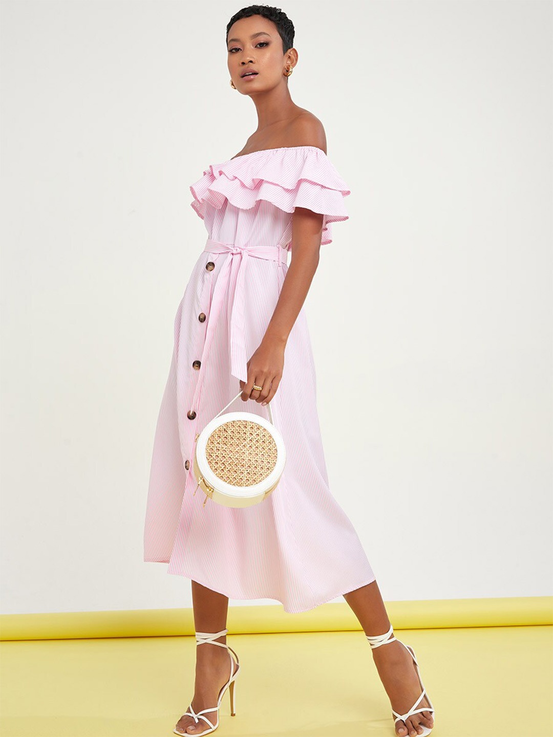 

Styli Pink Off Shoulder Flare Detail Striped A-Line Midi Dress