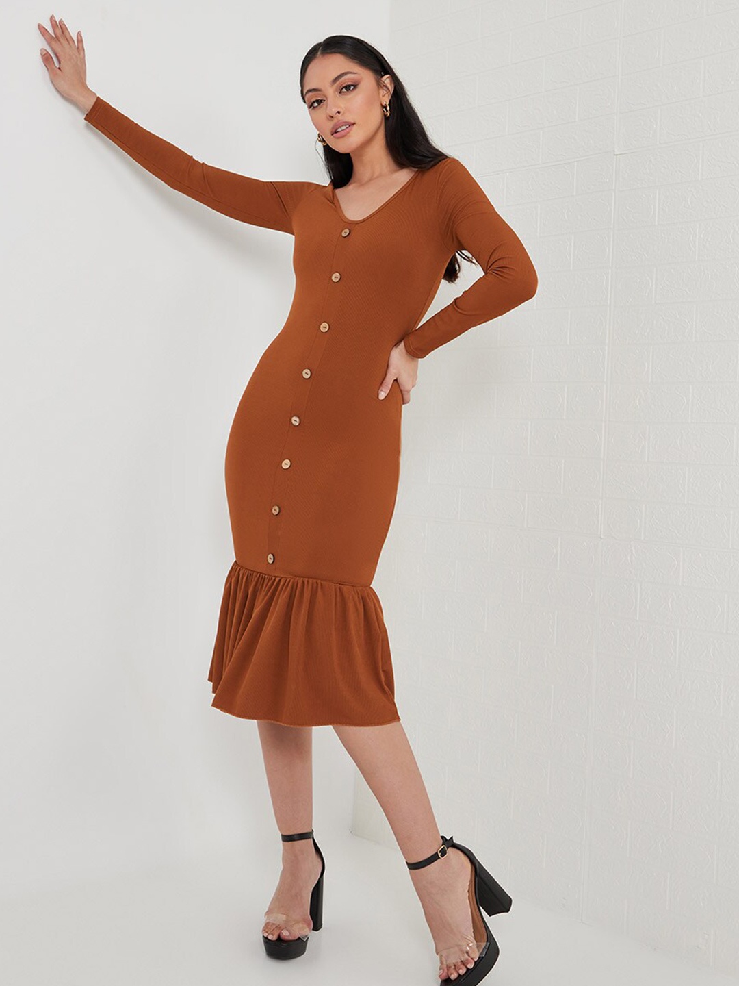 

Styli Brown Long Sleeves V Neck Bodycon Midi Dress with Button Detail