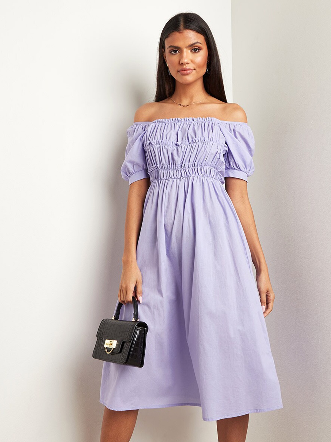 

Styli Lavender Cotton Gathered Detail A-Line Midi Dress