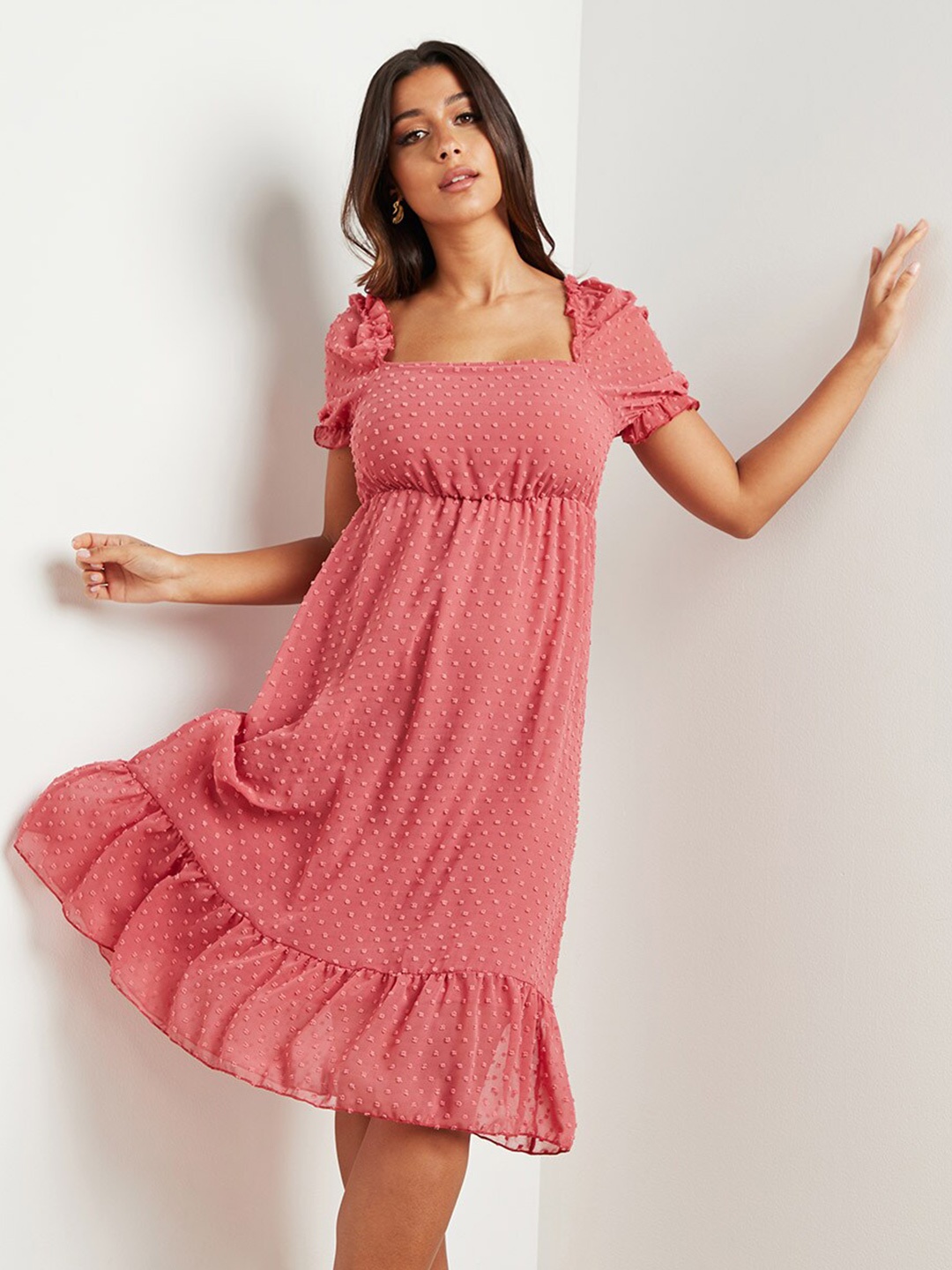 

Styli Pink Puff Sleeves Dobby Midi Dress