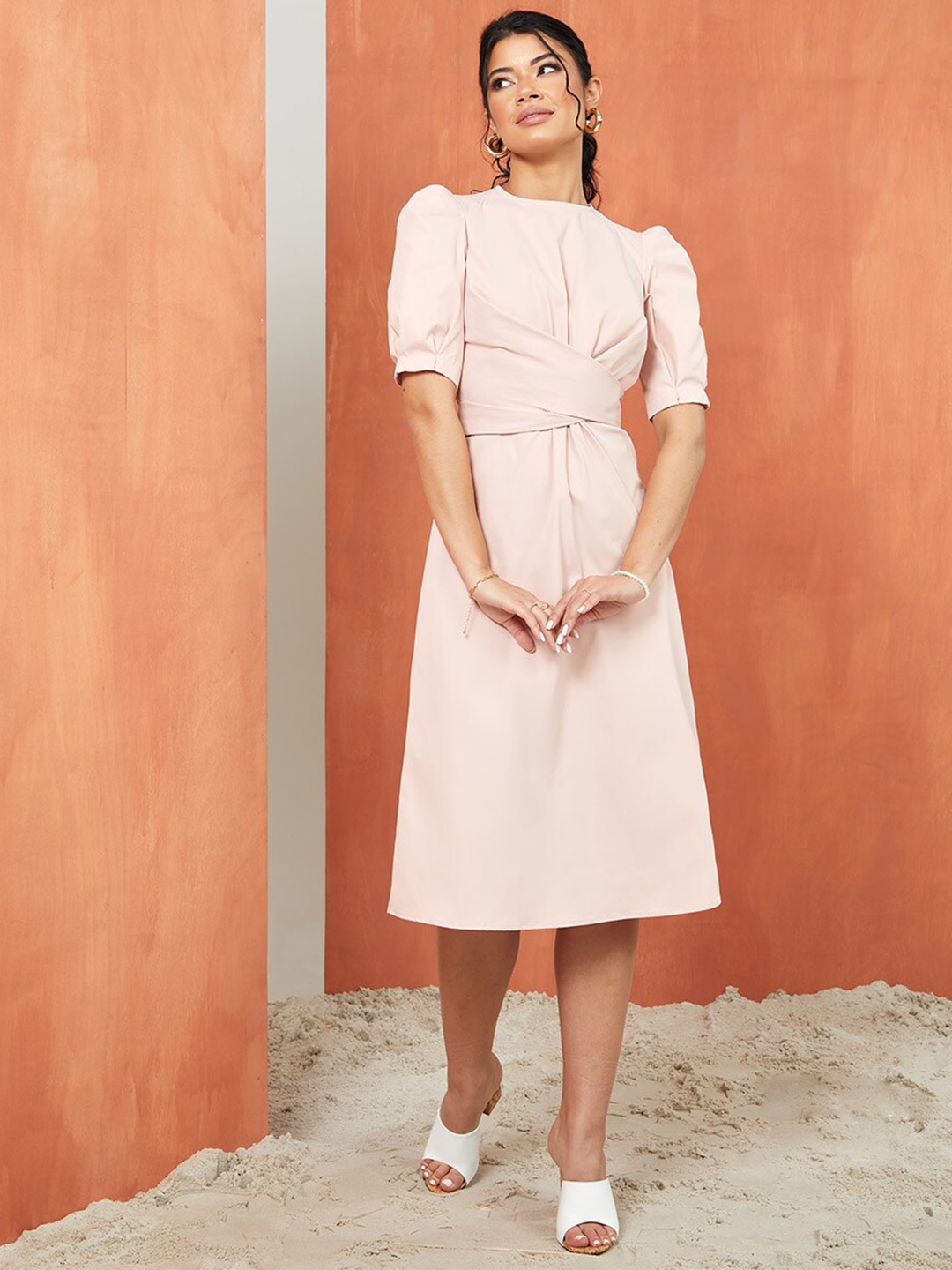 

Styli Pink Short Puff Sleeves Self Tie Belt Detail A-Line Midi Dress