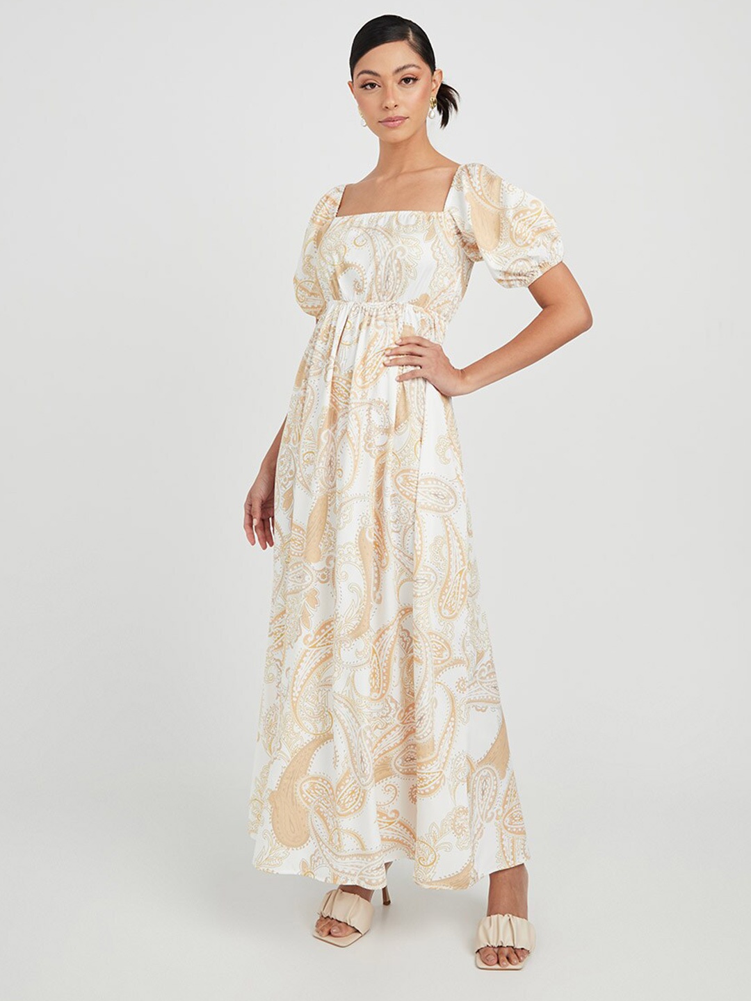 

Styli Paisley Print Puff Sleeves A-Line Maxi Dress, White