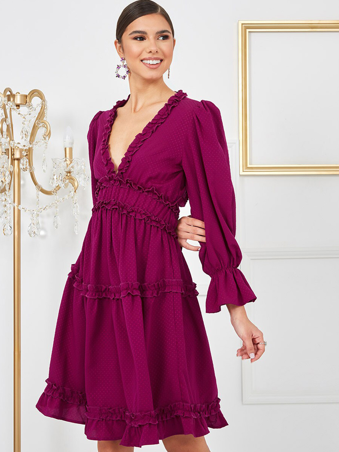 

Styli Pink Puff Sleeves Dobby Knee Length Dress with Ruffle Detail