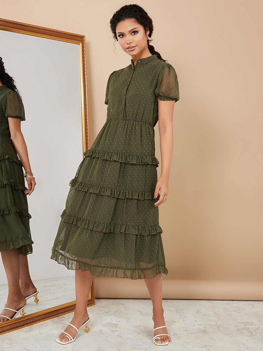 

Styli Green Dobby Tiered Midi Dress with Ruffle Detail