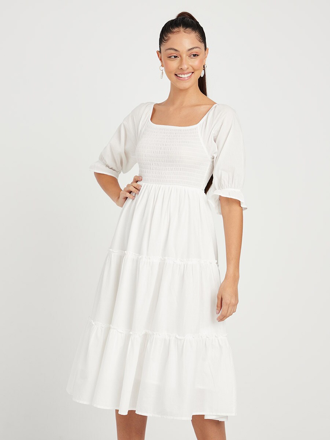 

Styli White Square Neck Smocked Detail Tiered Midi Dress