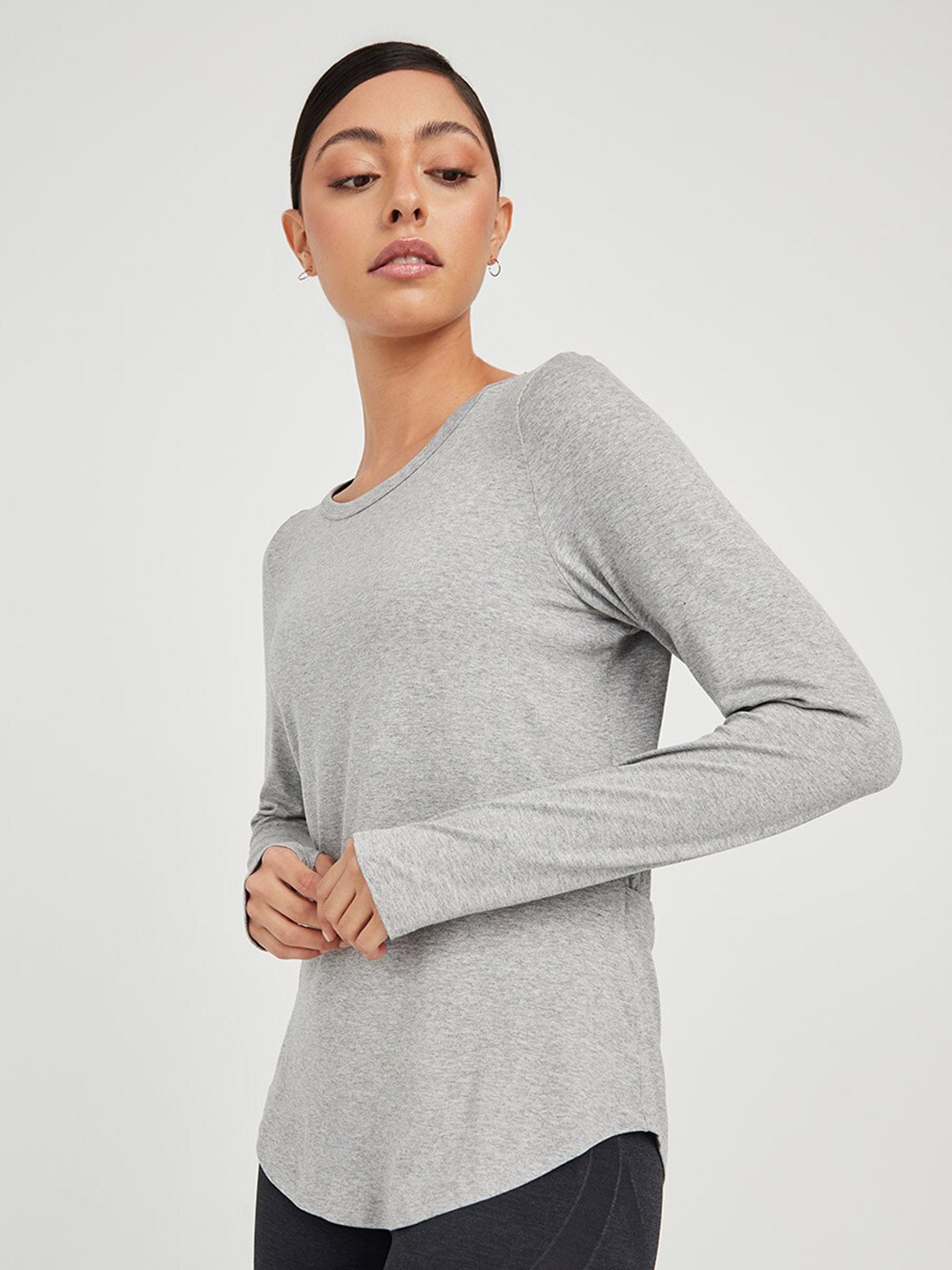 

Styli Grey Wrap Style Open Back Activewear Top with Thumb Hole Sleeves