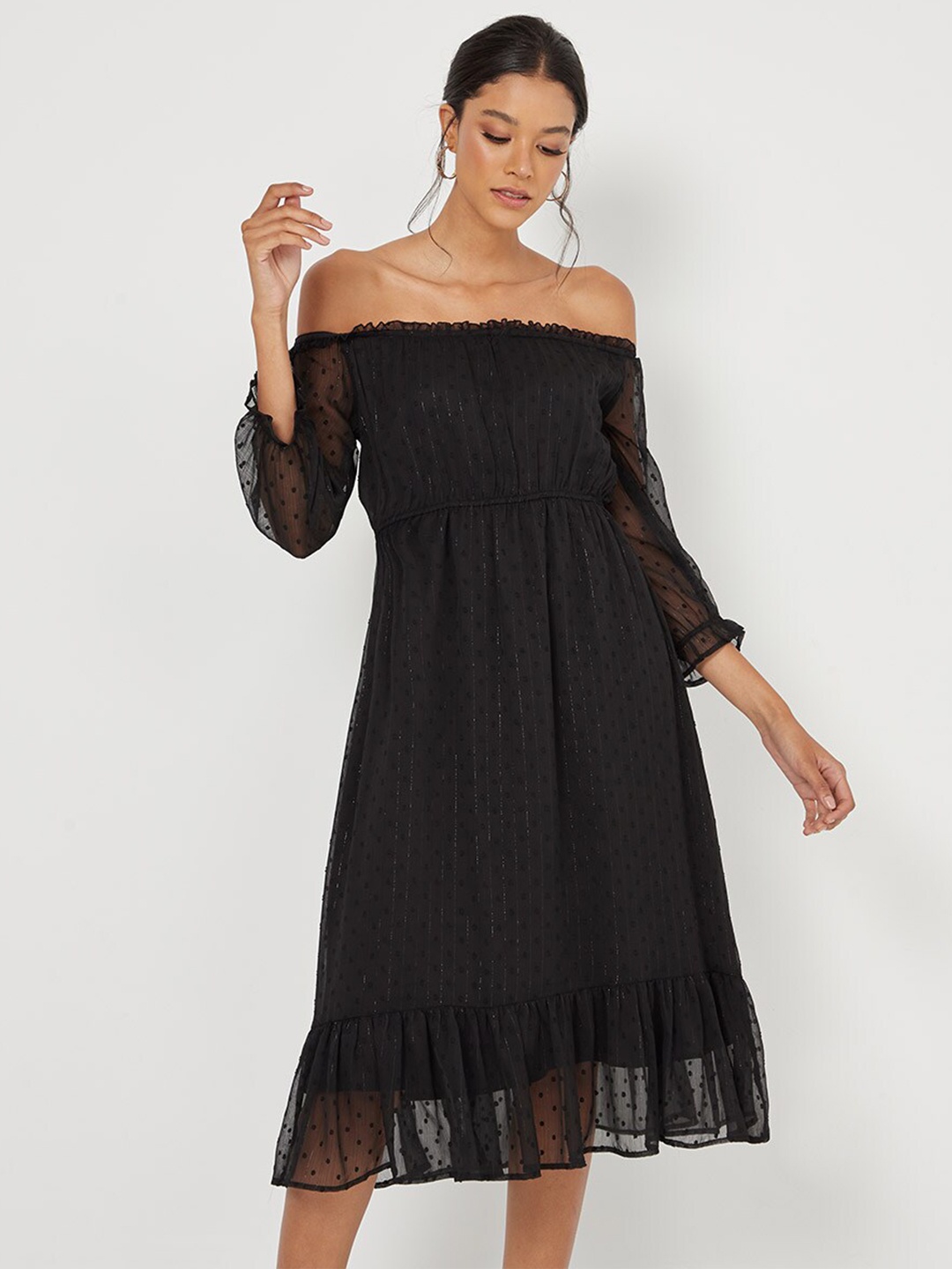 

Styli Black 3/4 Sleeves Off Shoulder Dobby Spot A-Line Midi Dress