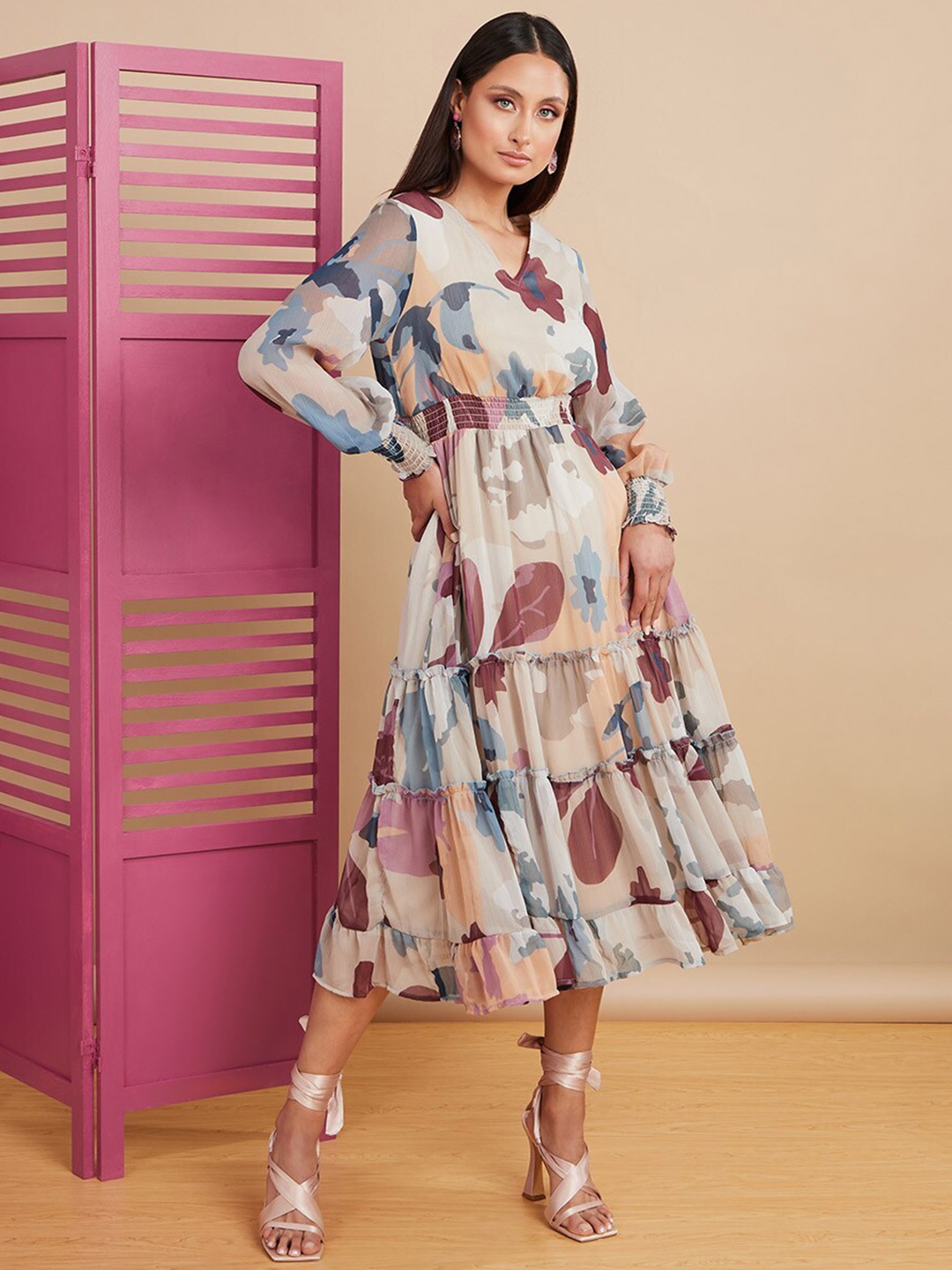 

Styli Multicoloured Cuffed Sleeves Waist Gathering Midi Dress, Multi