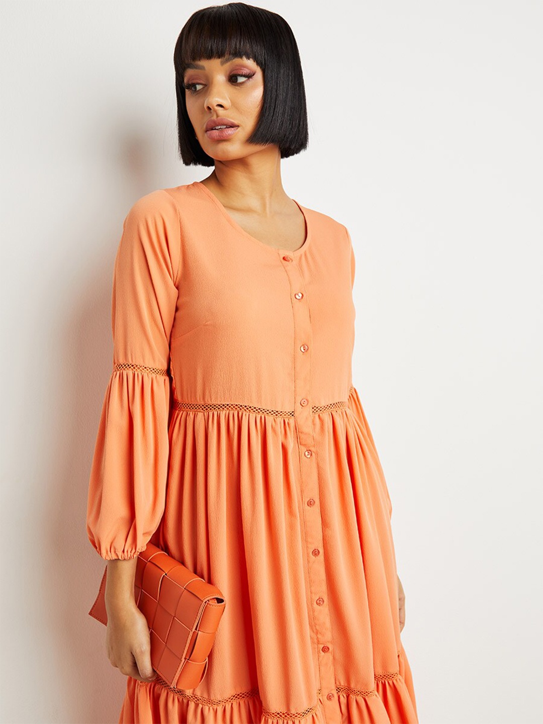 

Styli Peach-Coloured Cut-Out Insert Tiered Maxi Dress