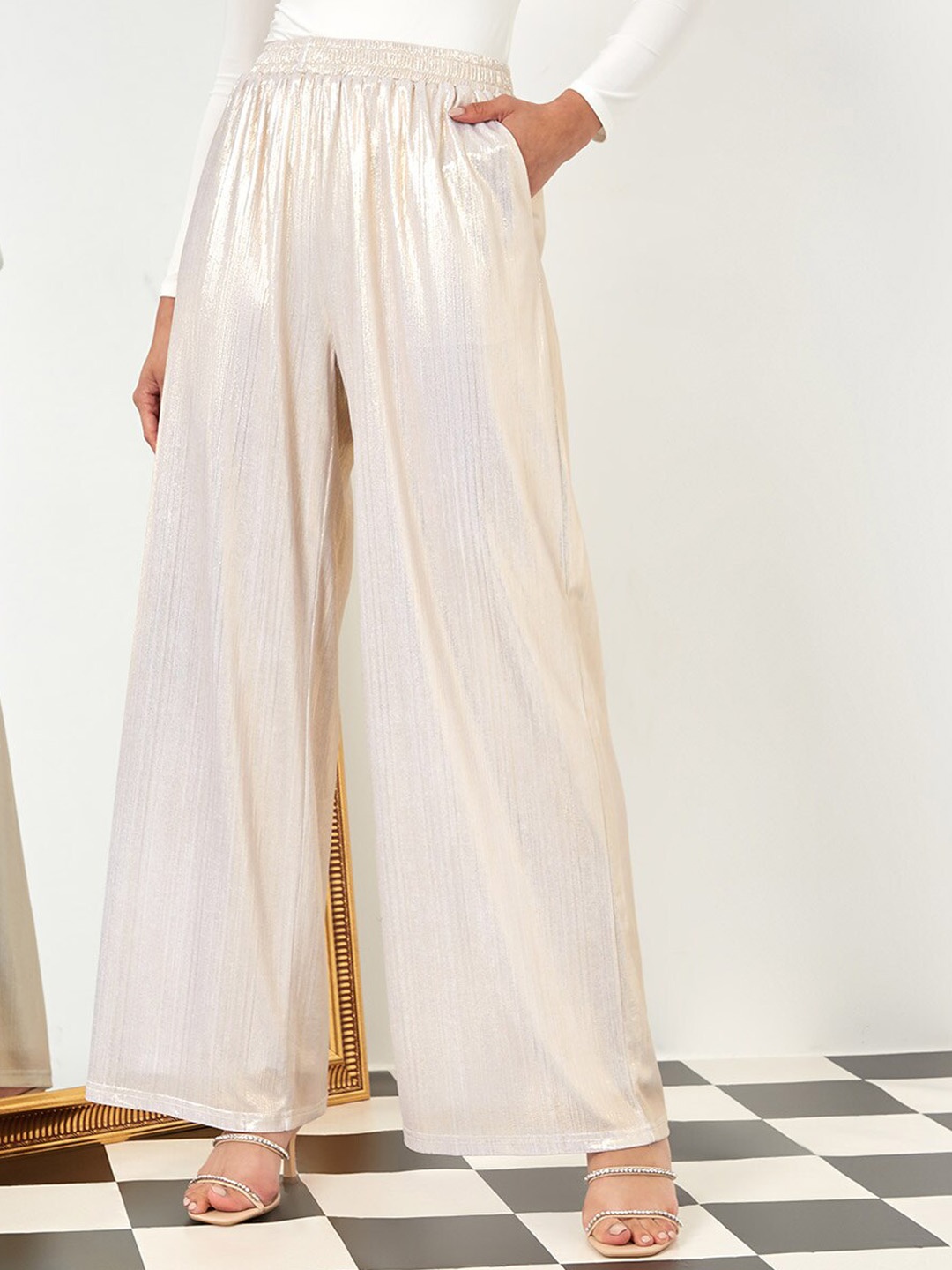 

Styli Women Gold-Toned Metallic Wide Leg Trouser