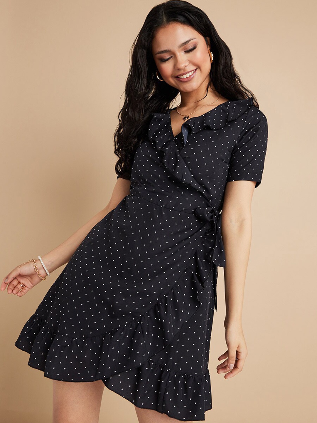 

Styli Black Polka Dot Wrap Mini Dress with Frill Detail