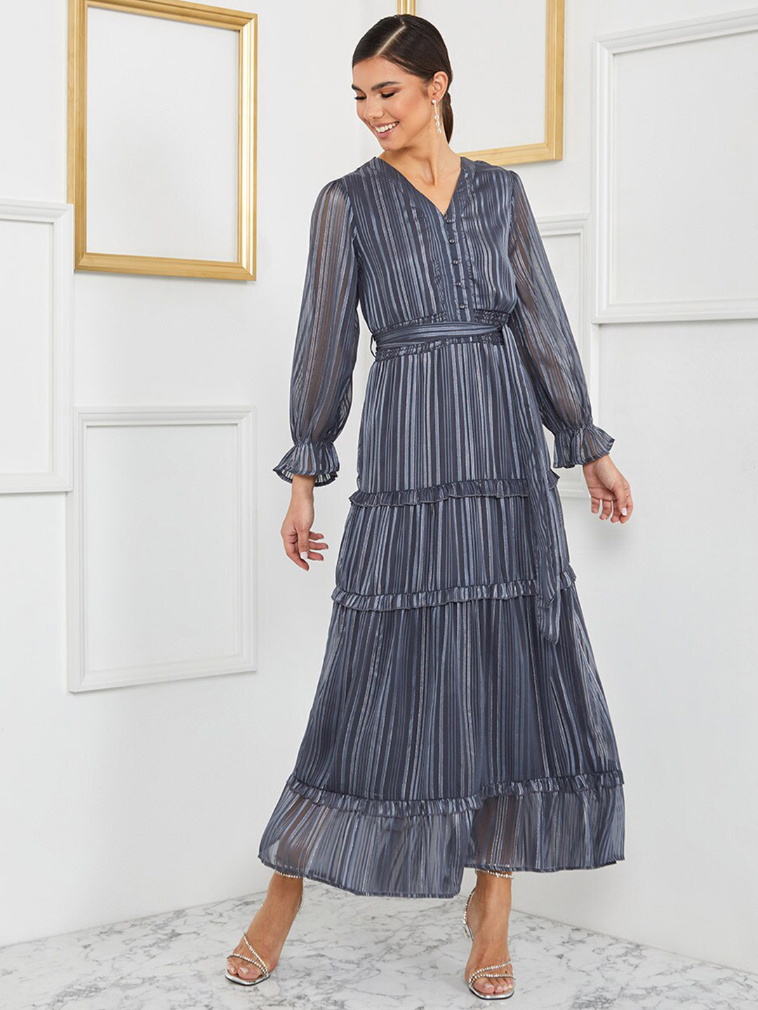 

Styli Grey Striped Tiered Maxi Dress