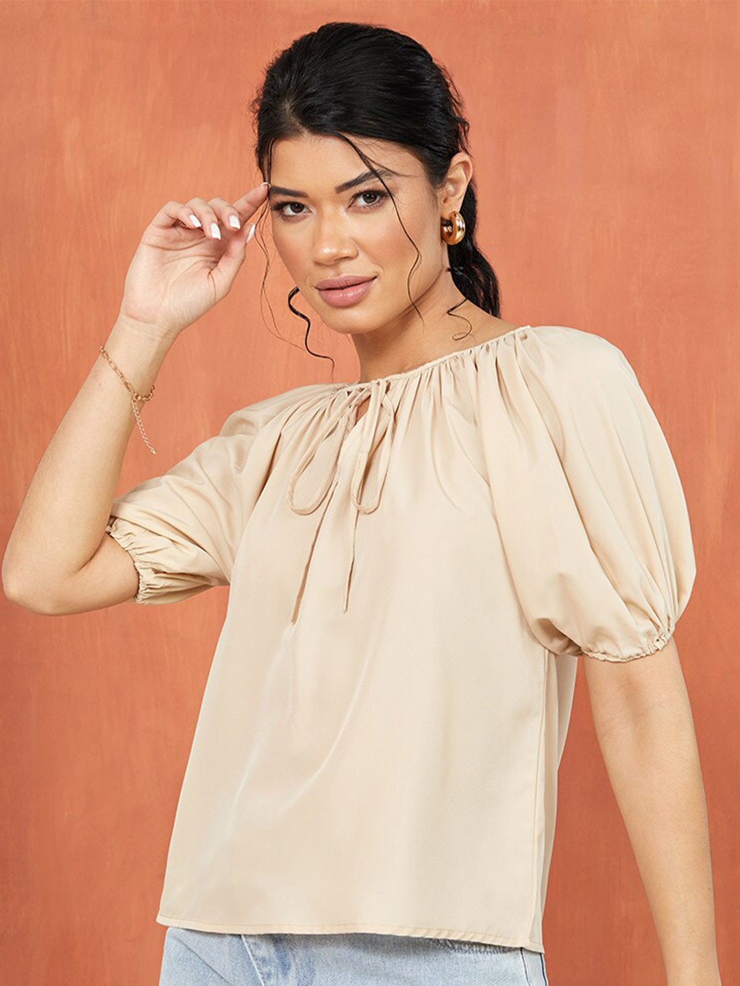 

Styli Beige Solid Tie Up Neck Blouse