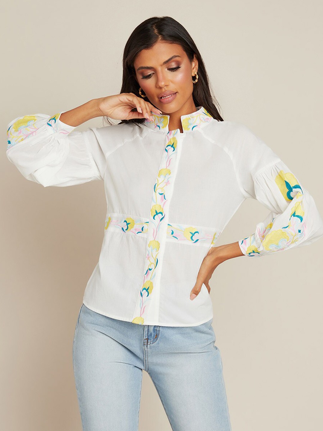 

Styli White Embroidered Placket Poplin Cotton Blouse