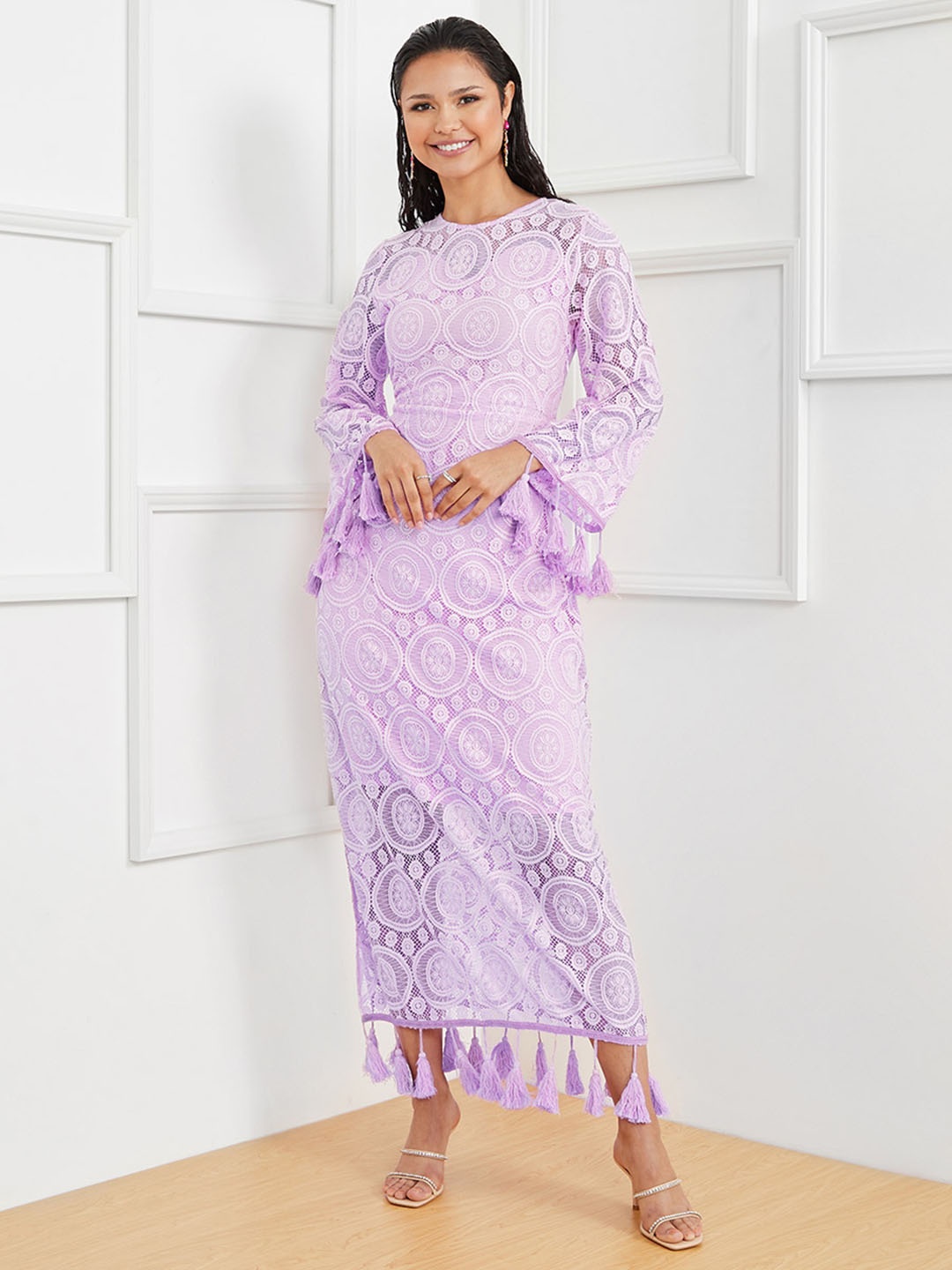 

Styli Women Purple Long Sleeves Lace Insert A-Line Maxi Dress with Tassel Detail, Lavender