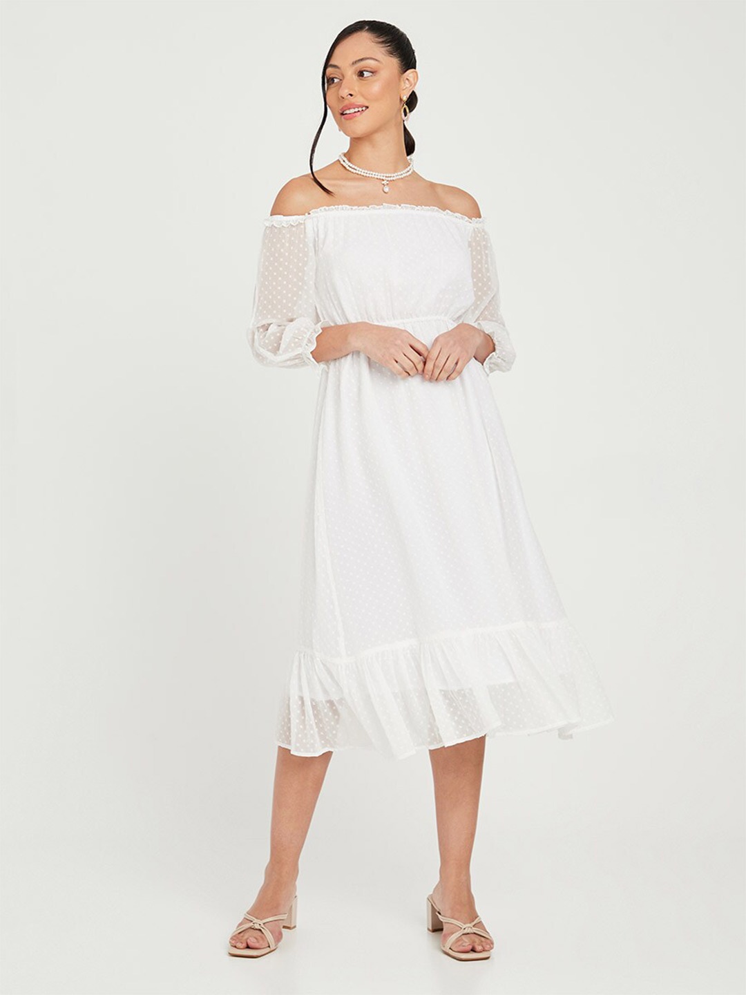 

Styli White 3/4 Sleeves Off Shoulder Dobby Spot A-Line Midi Dress