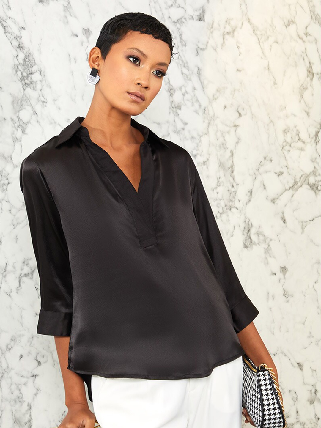 

Styli Women Black Solid V- Neck Shirt Style Top