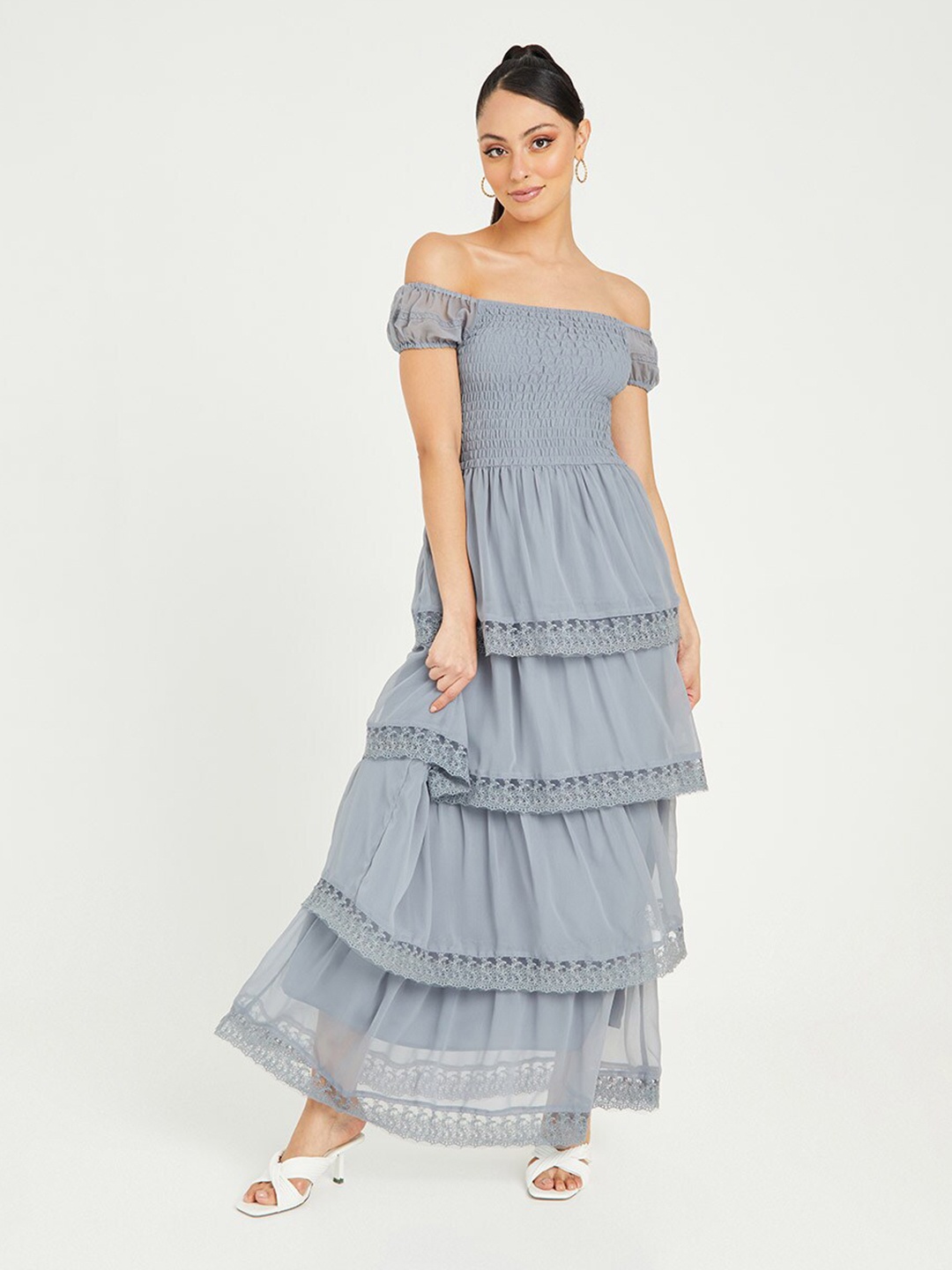 

Styli Grey Short Sleeves Smocked Detail Maxi Dress with Lace Detail