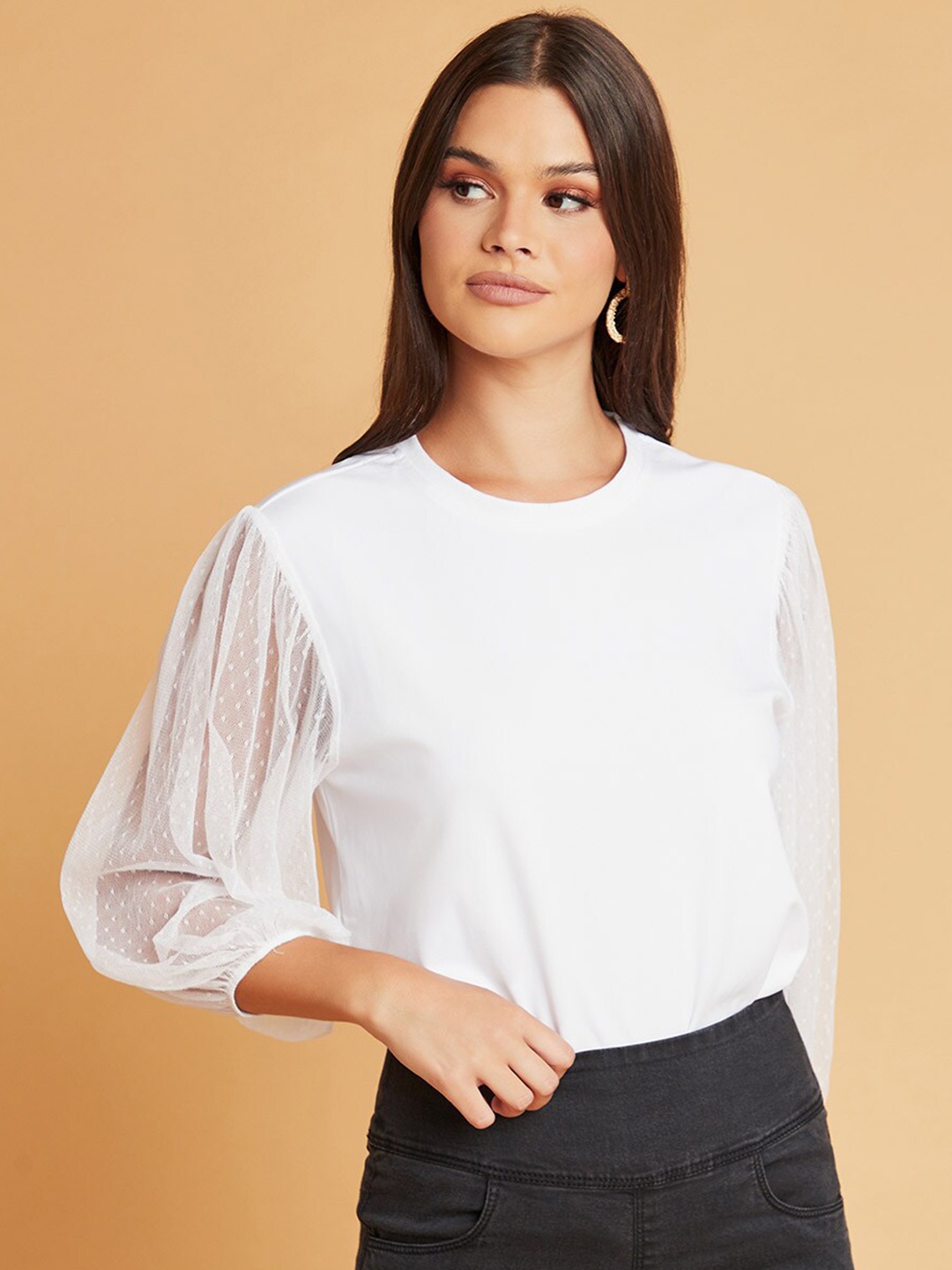 

Styli White Striped Mandarin Collar Top
