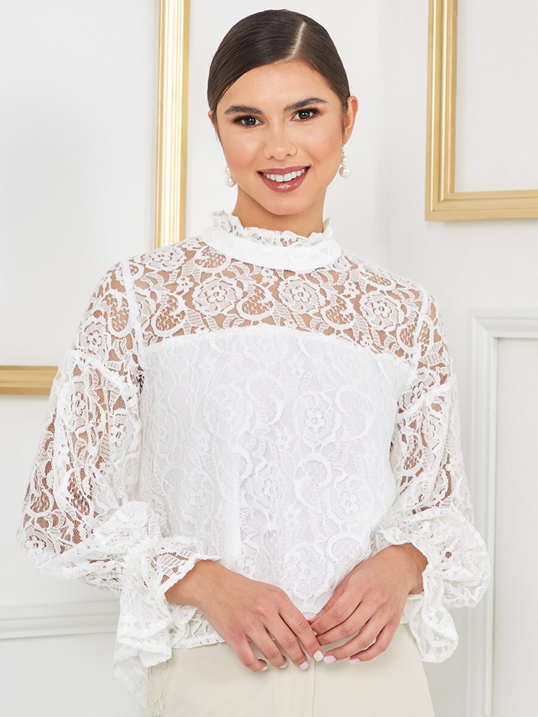 

Styli White Net Self Design High Neck Top