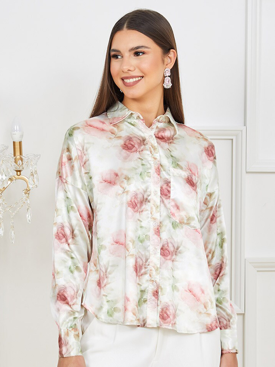 

Styli White Floral Print Shirt Style Top