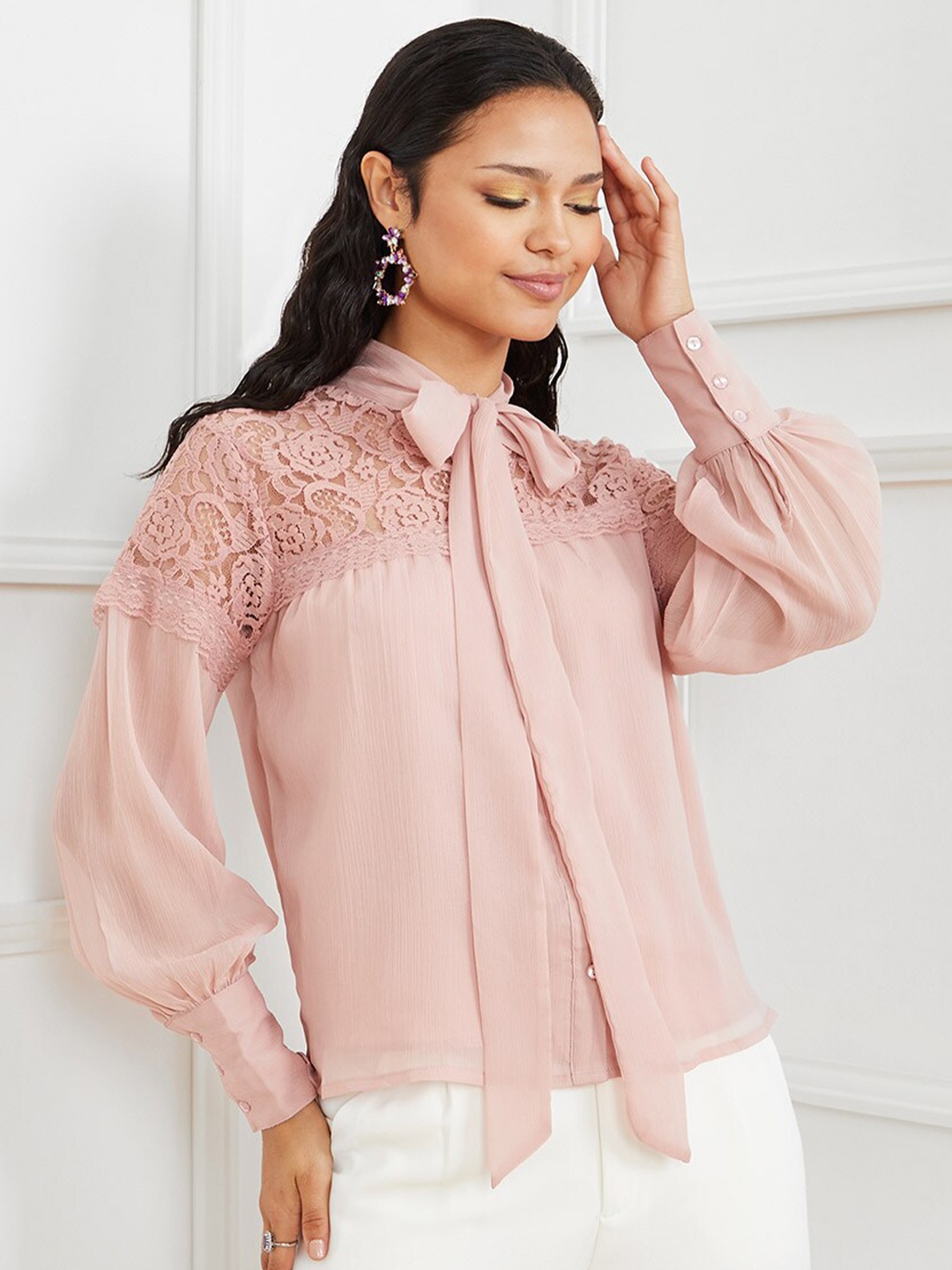

Styli Pink Tie-Up Neck Top