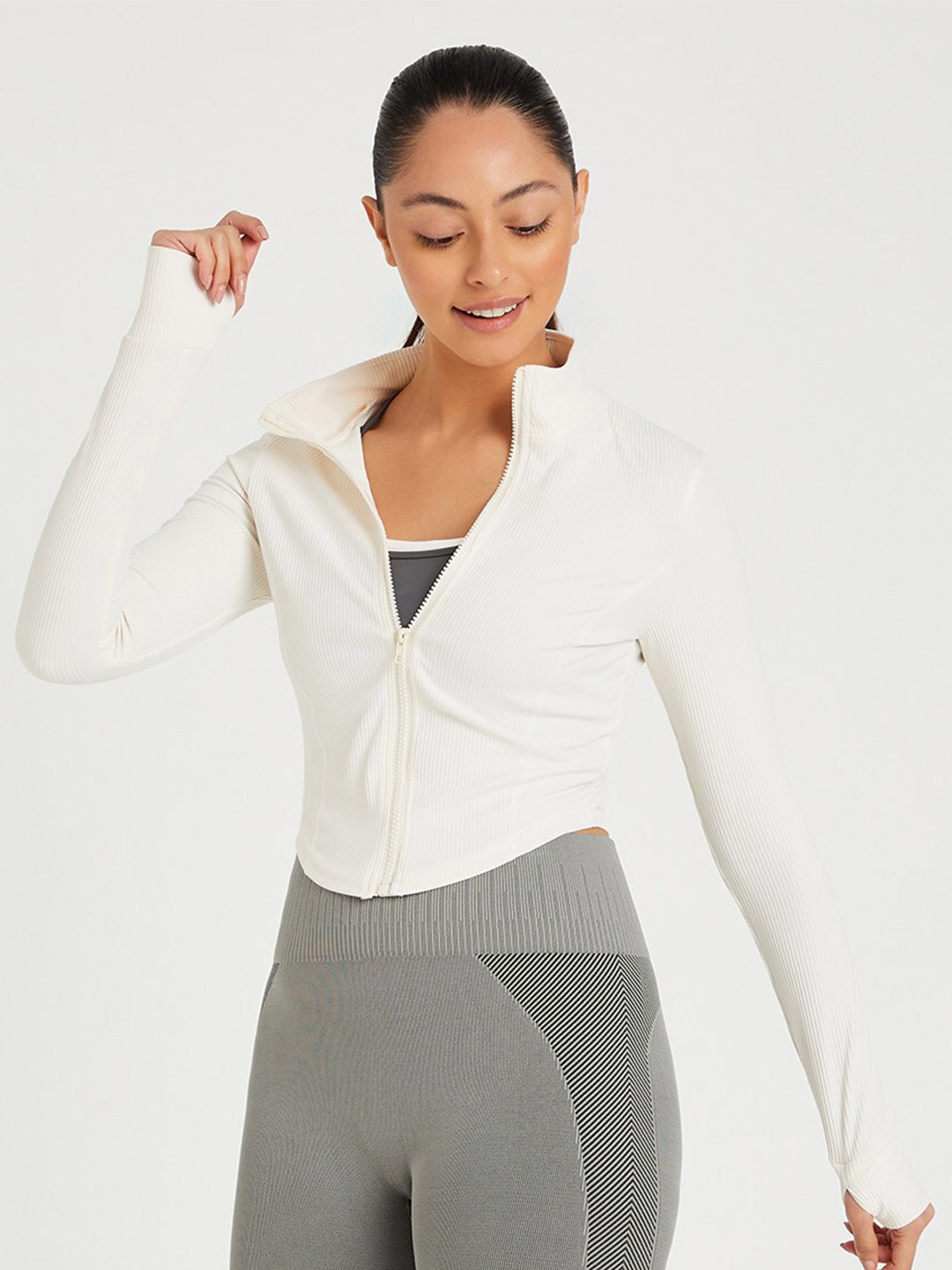 

Styli Women Cream-Coloured Crop Running Sporty Jacket