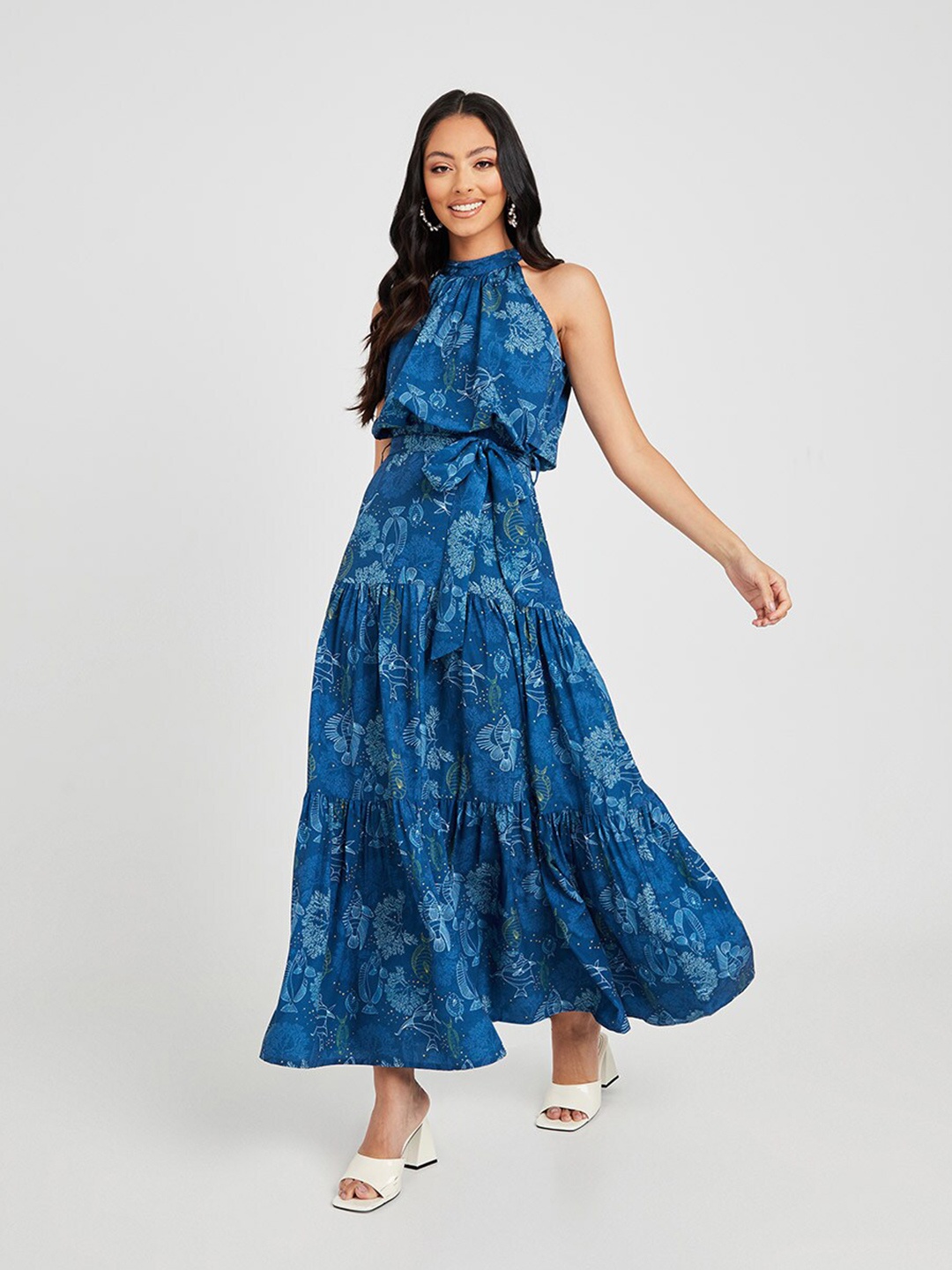 

Styli Blue Floral Print Sleeveless Halter Neck Tiered A-Line Maxi Dress