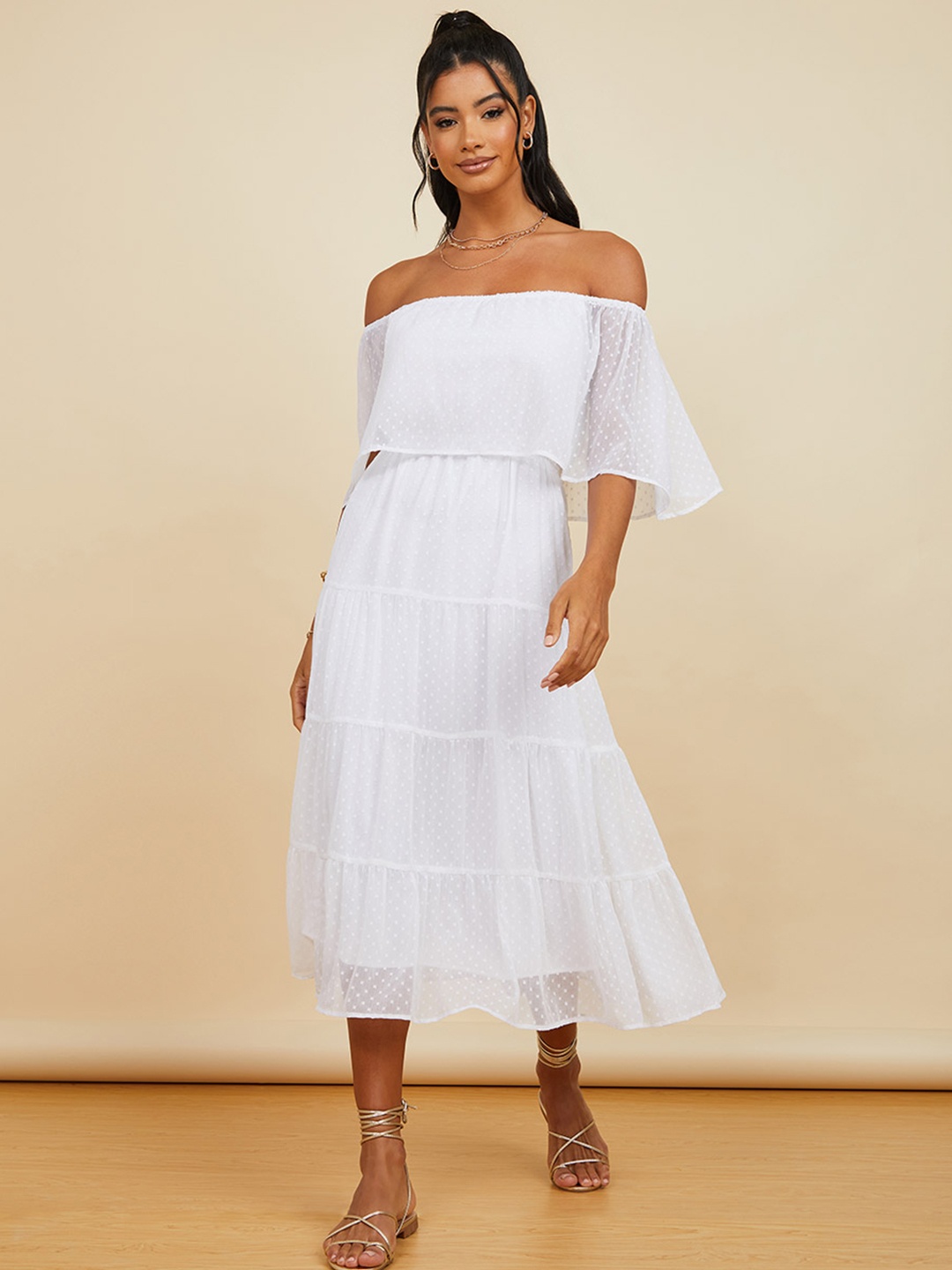 

Styli White Off-Shoulder A-Line Midi Dress