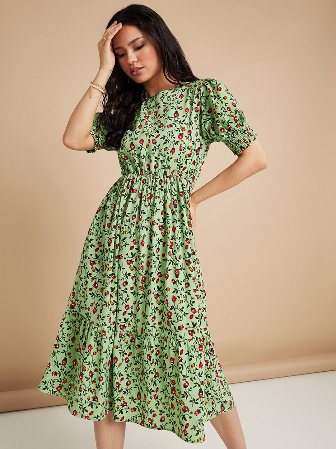 

Styli Green Floral A-Line Dress
